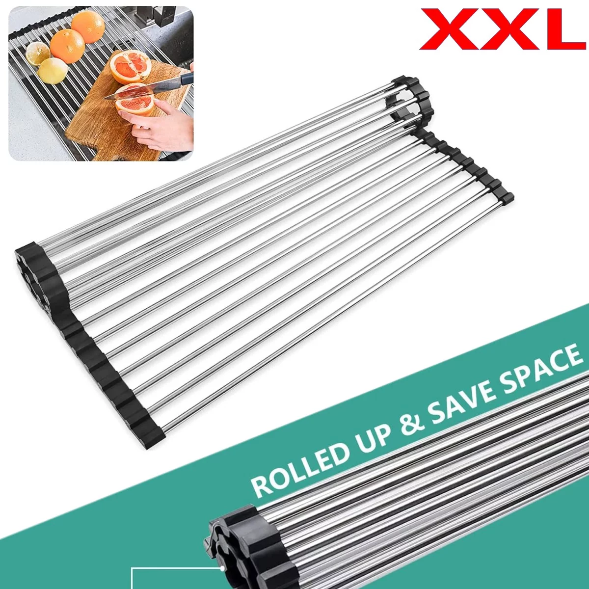 Over the Sink Multipurpose Roll-Up Dish Drying Rack Pan Bottle Food Drainer Mat XL Size 18.5 in x11in