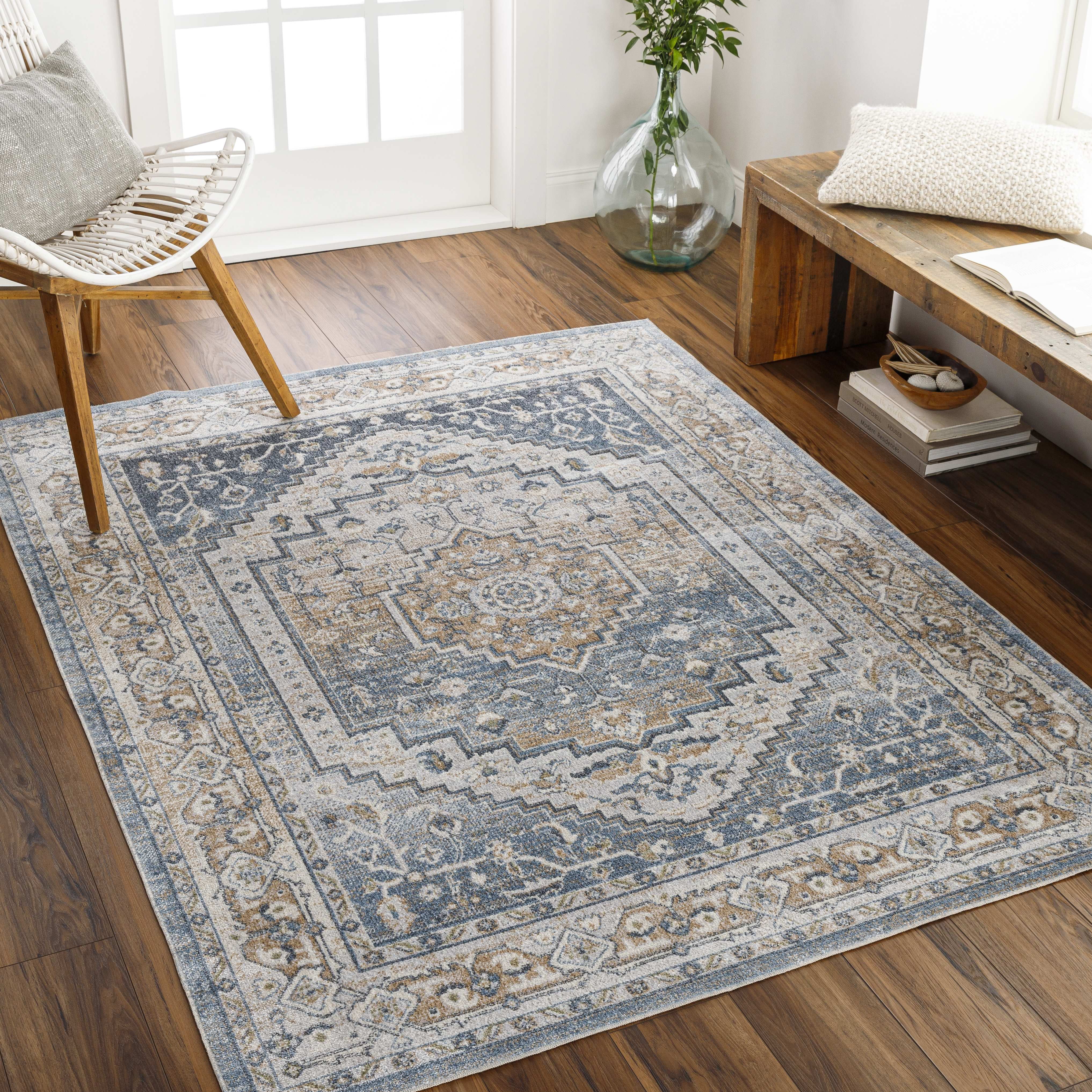 Mark&Day Washable Area Rugs, 5x7 Emmett Traditional Navy Blue Area Rug (5'3