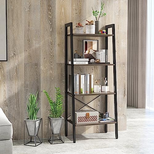 HBROLJF Ladder Bookshelf  4-Tier Industrial Wood Bookcase w/Metal Frame  Anti-Toppling Device  Freestanding Ladder  Plant Stand for Small Space  Living Room (Rustic Brown  4-Tier)