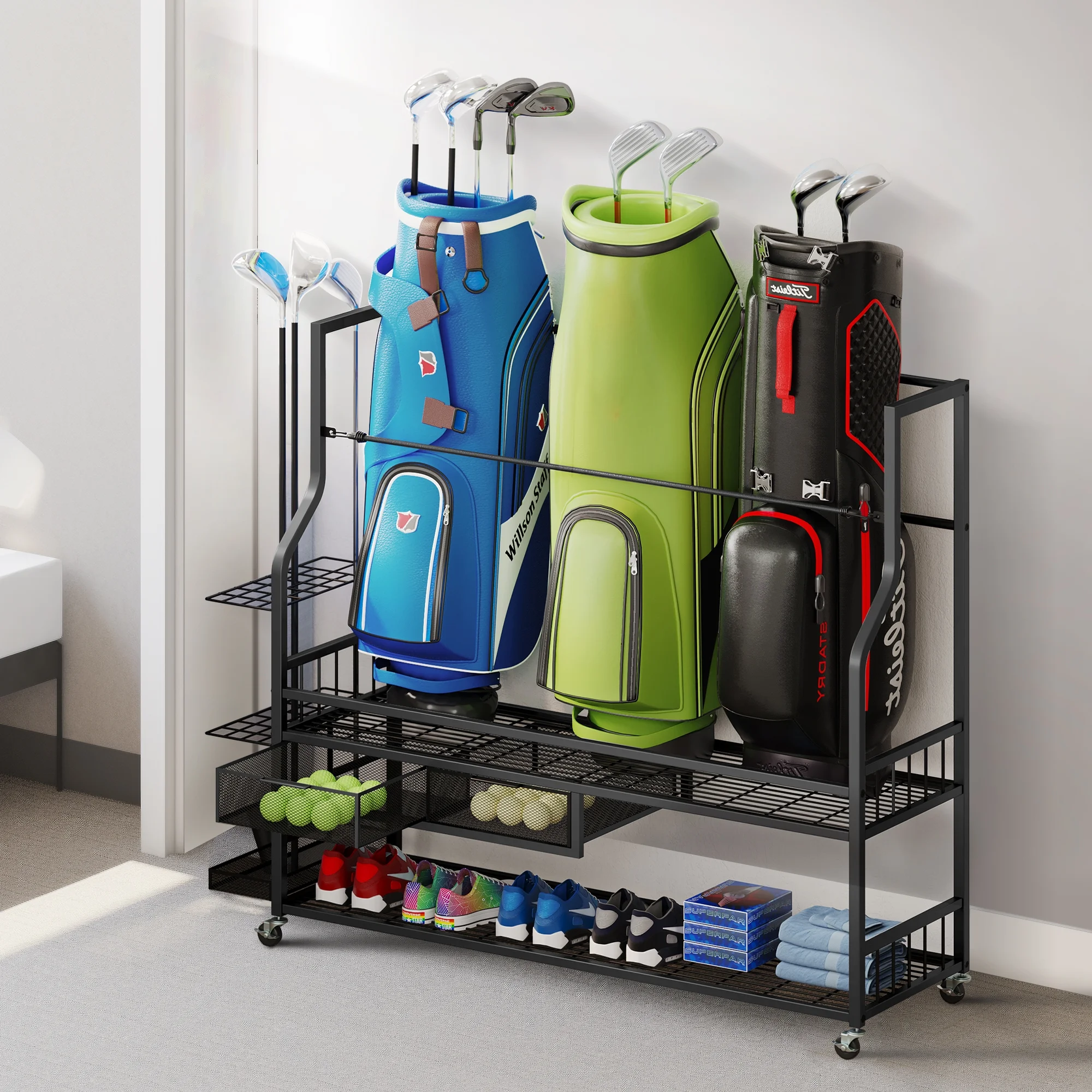 DWVO Golf Bags Storage Garage Organizer, Golf Bag Rack Fits 4 Golf Bags and Golf Equipment Accessories, Golf Club Storage Stand with Metal Shelf and Lockable Wheels for Garage Indoor Basement