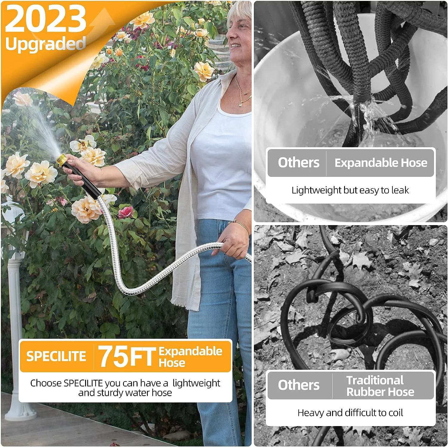 SPECILITE 304 Stainless Steel 75 FT Expandable Garden Hose, Collapsible Lightweight Flexible Water Hose with Solid Brass Fittings, Kink Free Expanding Gardening Pipe