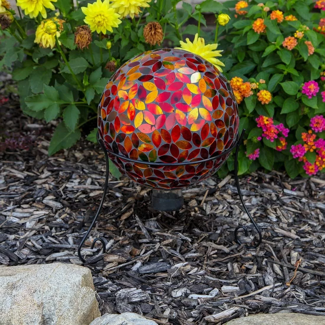 Lily's Home Colorful Mosaic Glass Gazing Ball, Designed with a Stunning Holographic Petal Mosaic Pattern to Bring Color and Reflection to Any Home and Garden, Red and Gold (10