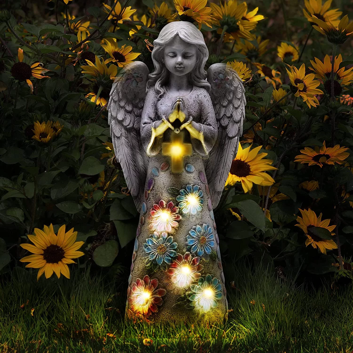TLKJ Angel Garden Figurine Outdoor Statue  Solar Garden Sculpture with 7 LEDs Welcome Sign Resin Praying Angel Art Decor for Patio Lawn Yard Porch Decoration  Housewarming Gift
