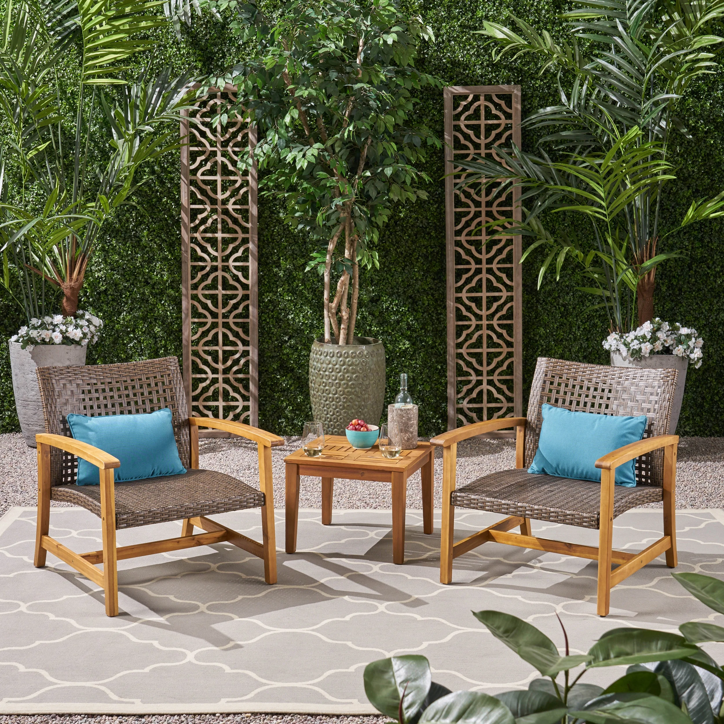 Camdyn Outdoor 3 Piece Wood and Wicker Club Chairs and Side Table Set, Mixed Mocha