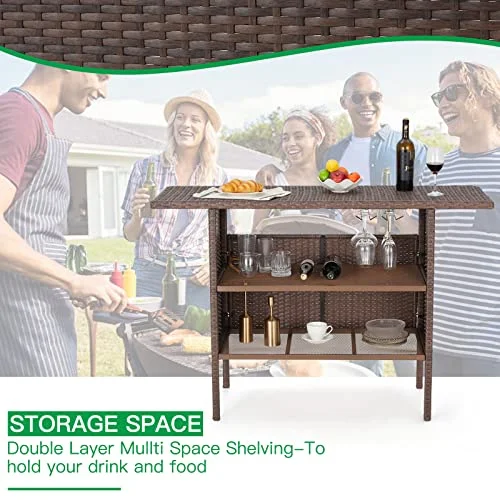 ECOTOUGE Wicker Patio Bar Table (2 Steel Shelves & Wine Rack), Rattan Bar Counter Table for Outdoor, Party, Picnic (Brown)