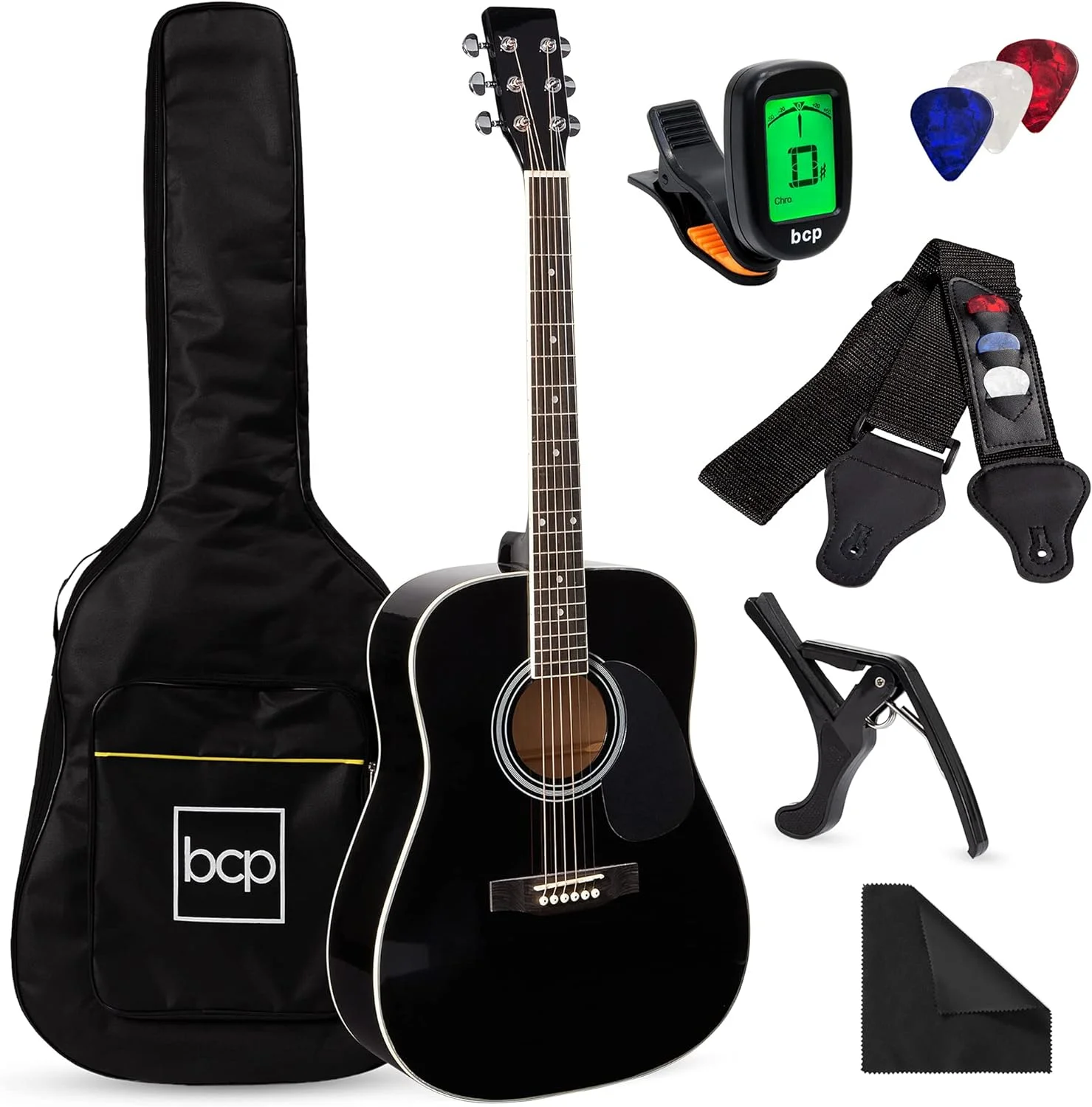 YOJFOTOU 41in Full Size Beginner All Wood Acoustic Guitar Starter Set w/Case, Strap, Capo, Strings, Picks, Tuner - Black
