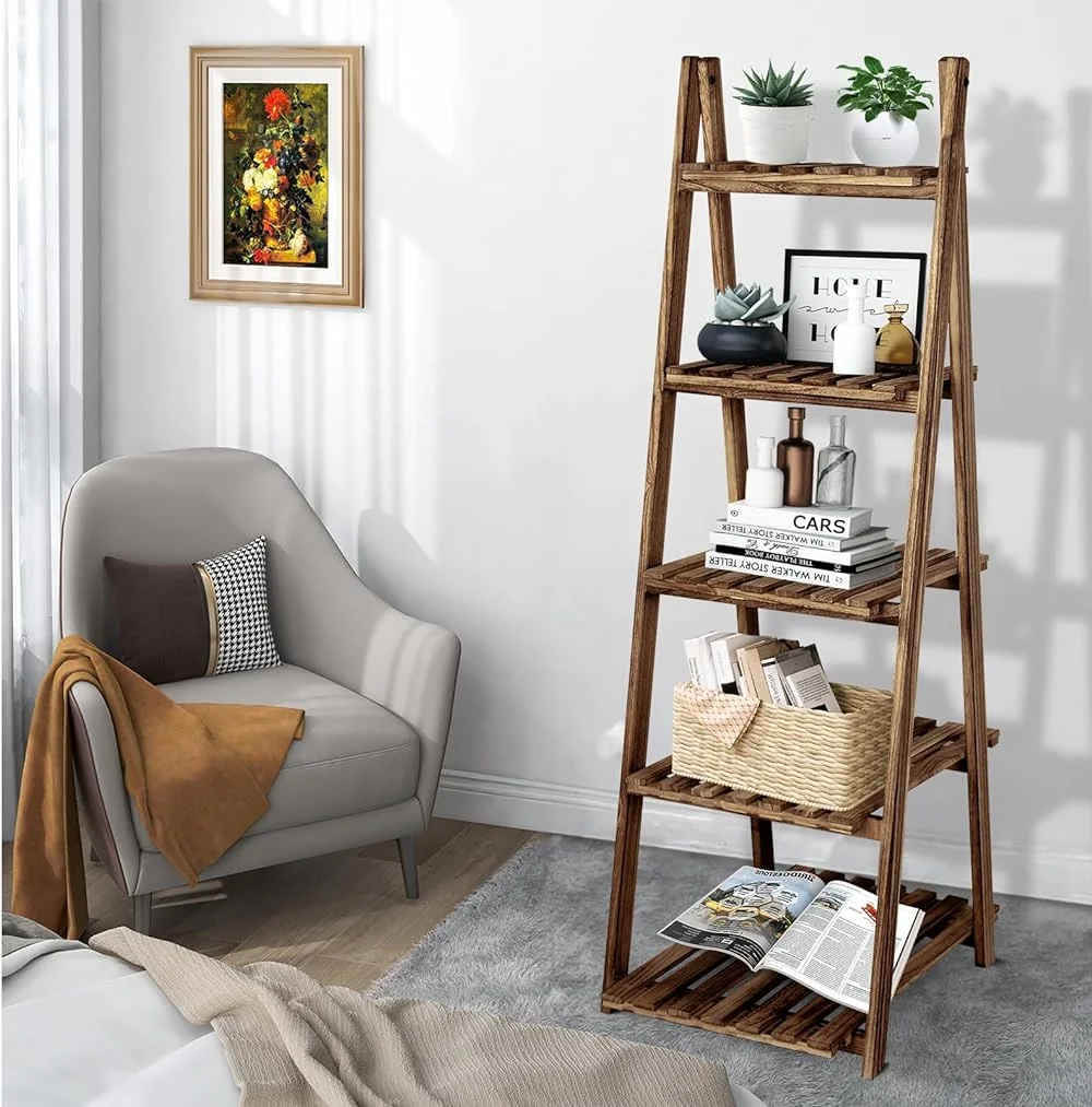 HYHBIBOOM Ladder   5-Tier Wooden Plant Shelves  Rustic Flower Display Rack  Freestanding  Rack  Indoor Flowerpot Stand Ladder Bookshelf  Room  Office  Bedroom  Balcony (Brown)