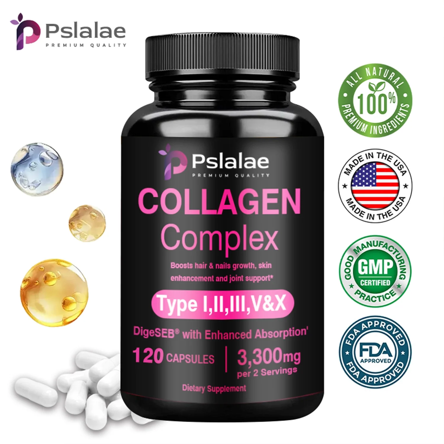 Pslalae Collagen Complex 3300mg- Type I, II, III, V, X -Nourishes Skin,Supports Joints(30/60/120pcs)
