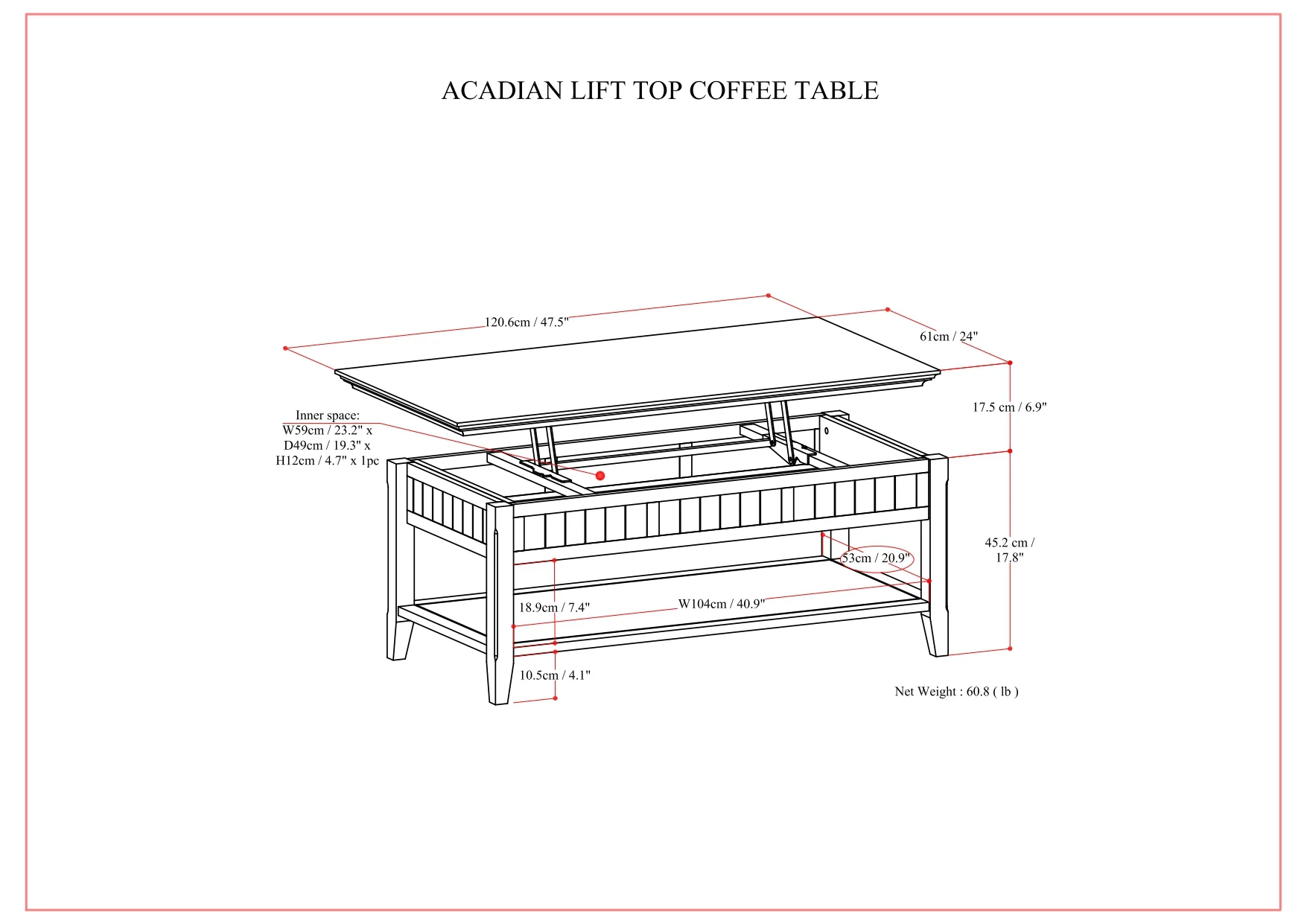Simpli Home Acadian SOLID WOOD 48 inch Wide Rectangle Transitional Lift Top Coffee Table in Brunette Brown