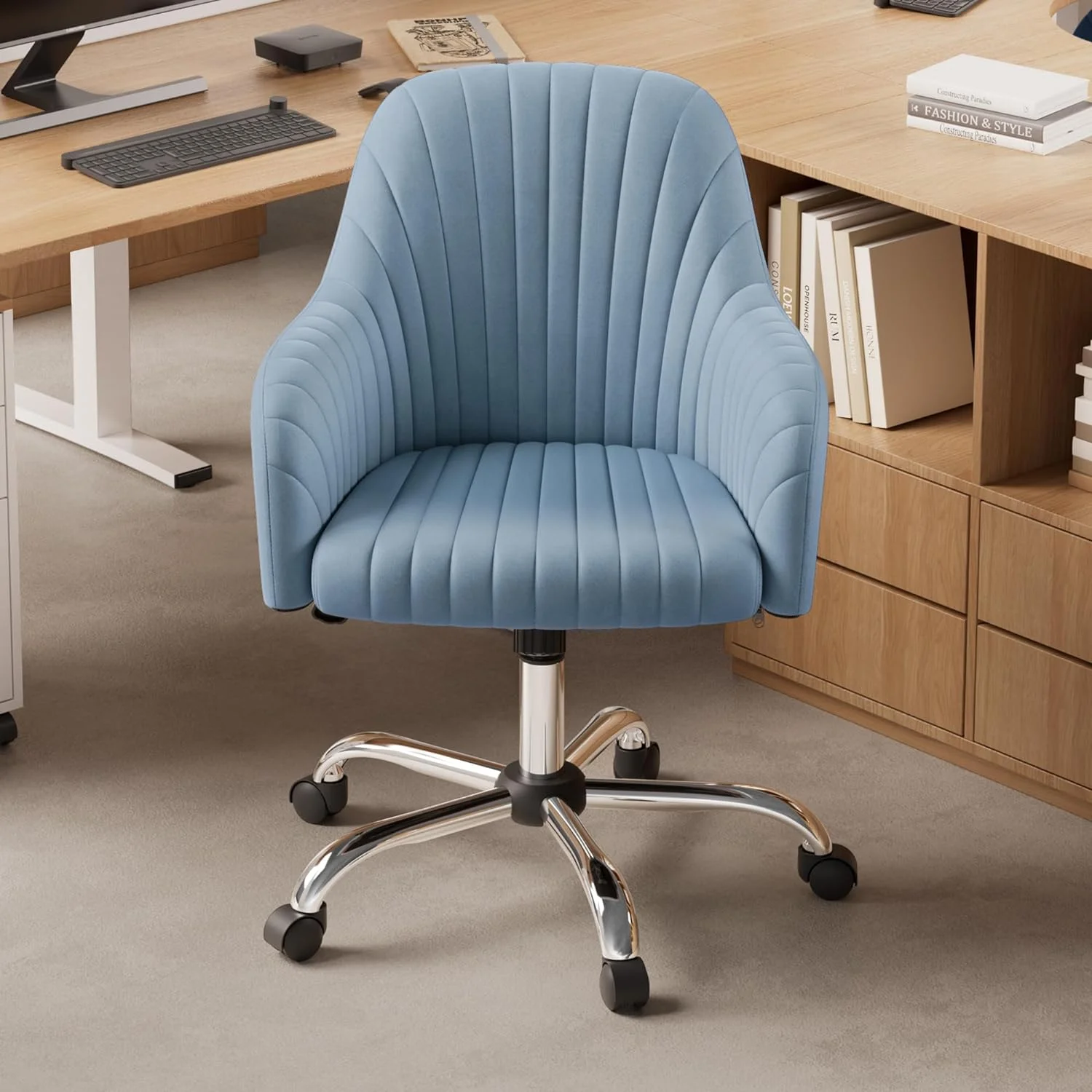 JDZHAPPYLIFE Cute Desk Chair for Home Office  Modern Velvet Home Office Desk Chairs with Armrests Vanity Swivel Rolling Task Chairs for Women Girls Students Teachers  Gift Choice  Light B