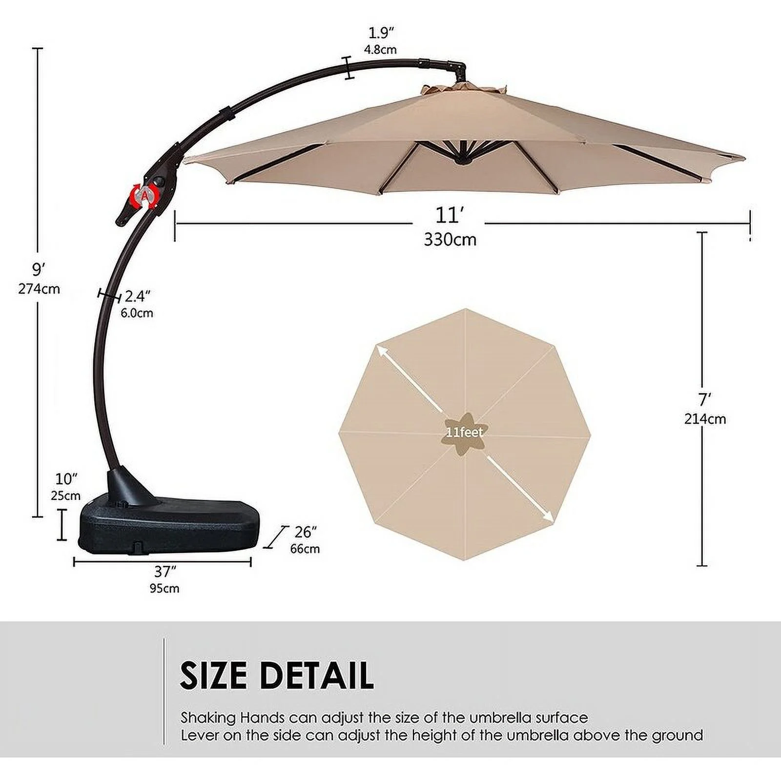 UKISHIRO 11 Ft Cantilever Offset Aluminum Patio Cantilever Umbrella with Tilt and Base