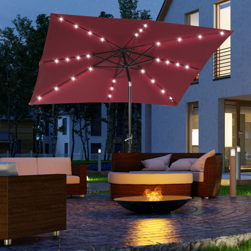 Buumin Outsunny 9' x 7' Solar Umbrella, LED Lighted Patio Umbrella for Table or Base with Tilt & Crank, Outdoor Umbrella for Garden, Deck, Backyard, Pool, Beach, Wine Red