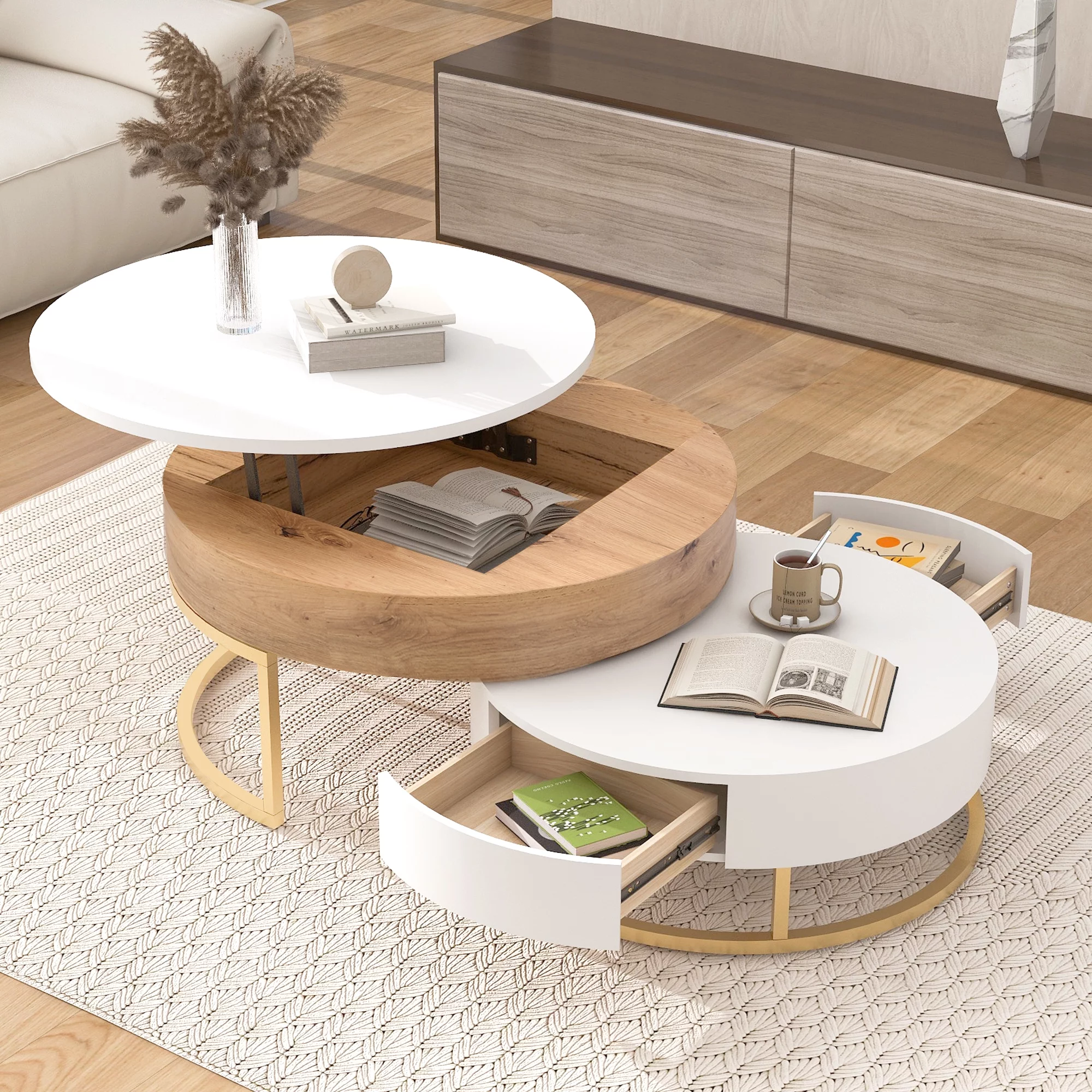 Homiyad Modern Round Lift-Top Nesting Coffee Tables with 2 Drawers White & Natural