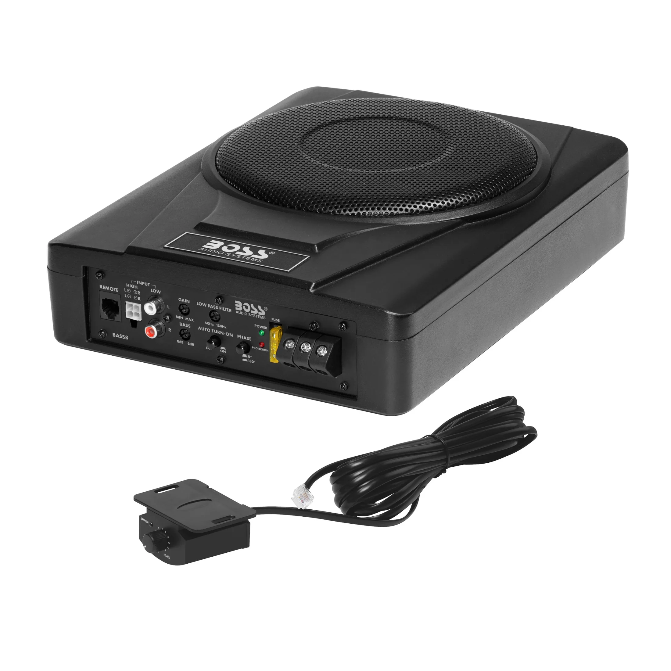 BOSS Audio Systems BASS8K 8 Inch Powered Under Seat Car Subwoofer and 8 Gauge Amp Wiring Kit Package - 800 Watts Max, Single 4 Ohm Voice Coil, Built-in Amp, Remote Subwoofer Control, Sold Individually