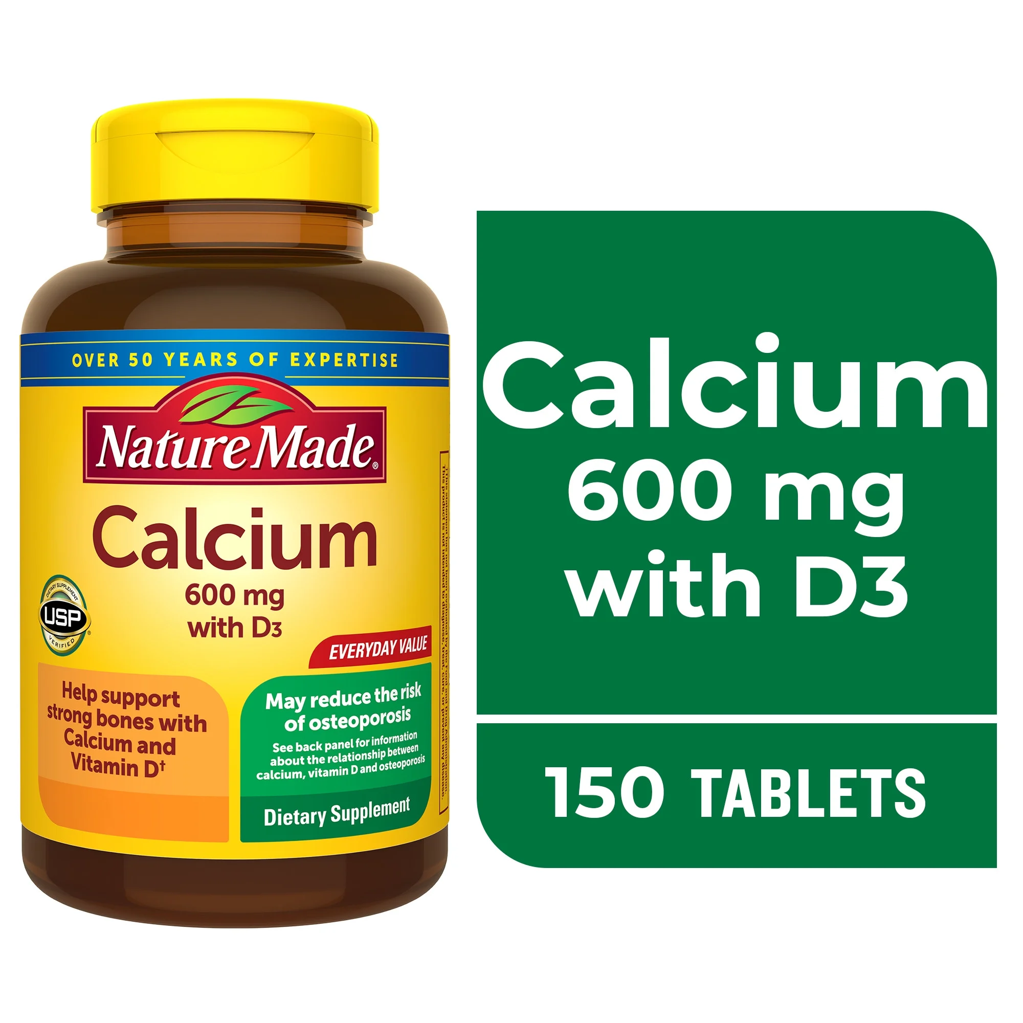 Nature Made Calcium 600 mg with Vitamin D3 Tablets, Dietary Supplement, 150 Count