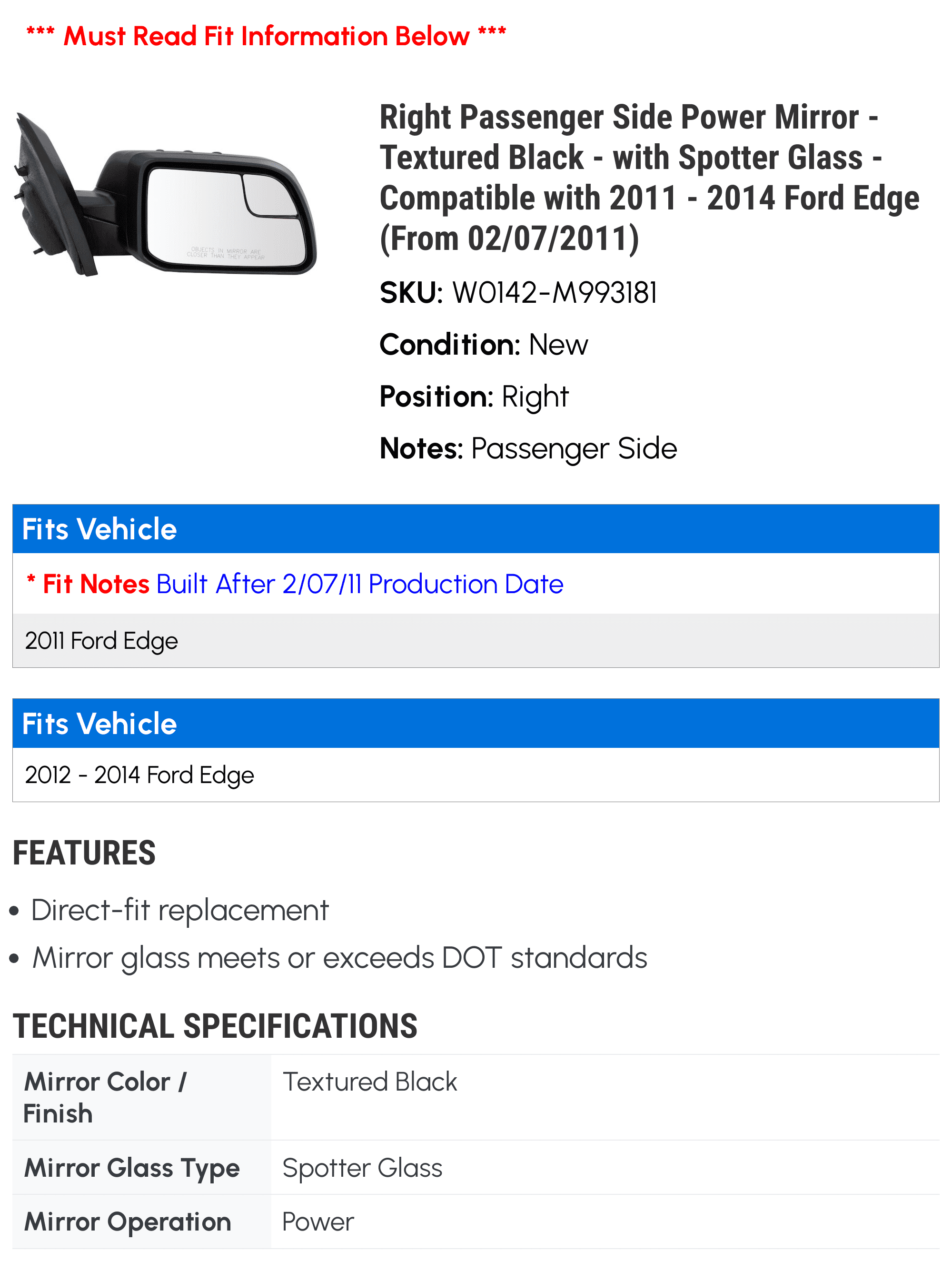 Right Passenger Side Power Mirror - Textured Black - with Spotter Glass - Compatible with 2011 - 2014 Ford Edge (From 02/07/2011) 2012 2013