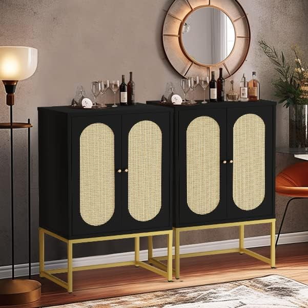 JYHOME Rattan Cabinet 2 Door Sideboard Buffet Cupboard Accent High Cabinet with Natural Rattan Free Standing Bookmatch Adjustable Shelves Easy Assembly Rustic Oak Beige (LRC-ob)