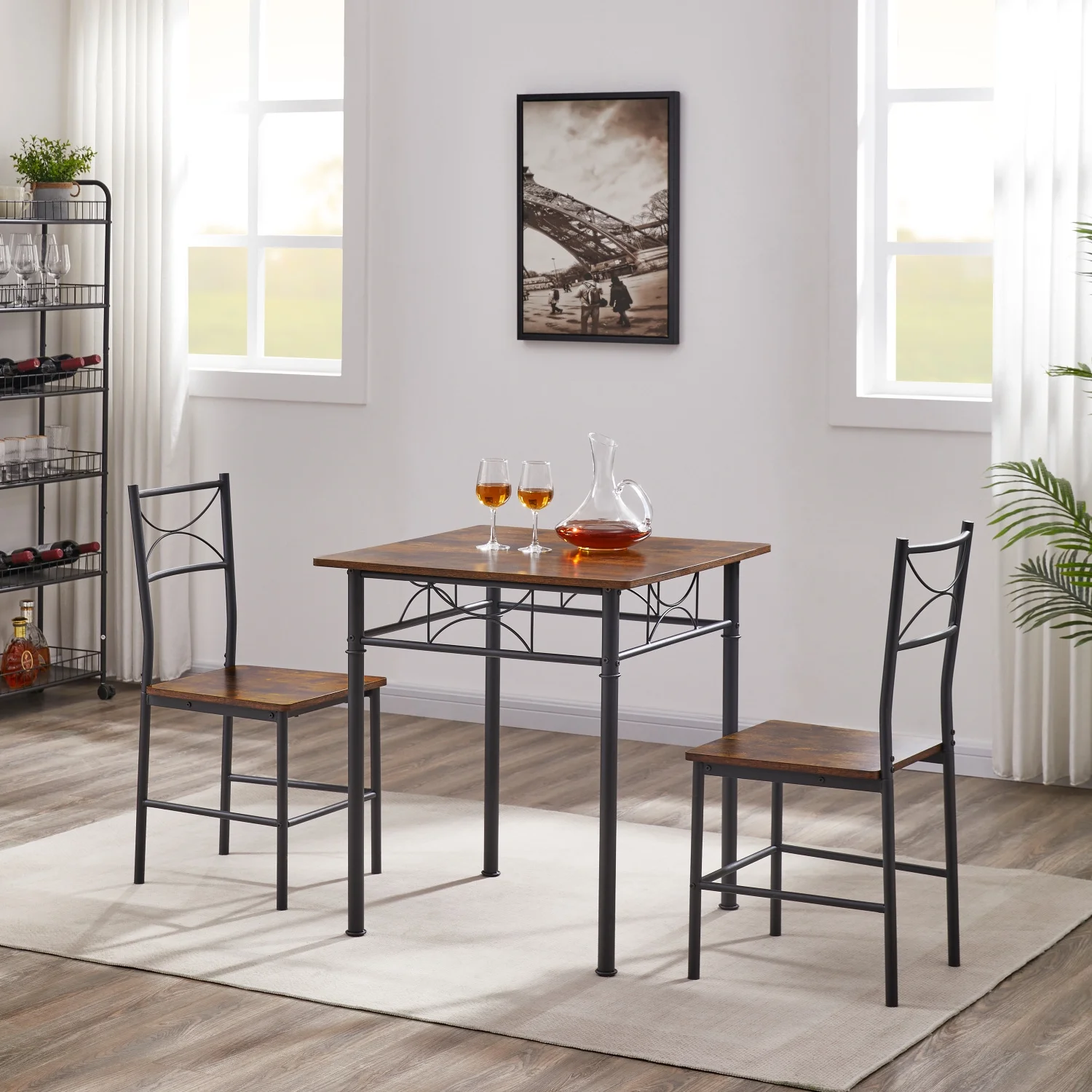 DremFaryoyo 3-Piece Kitchen Dining Room Table Set Retro Brown Chair