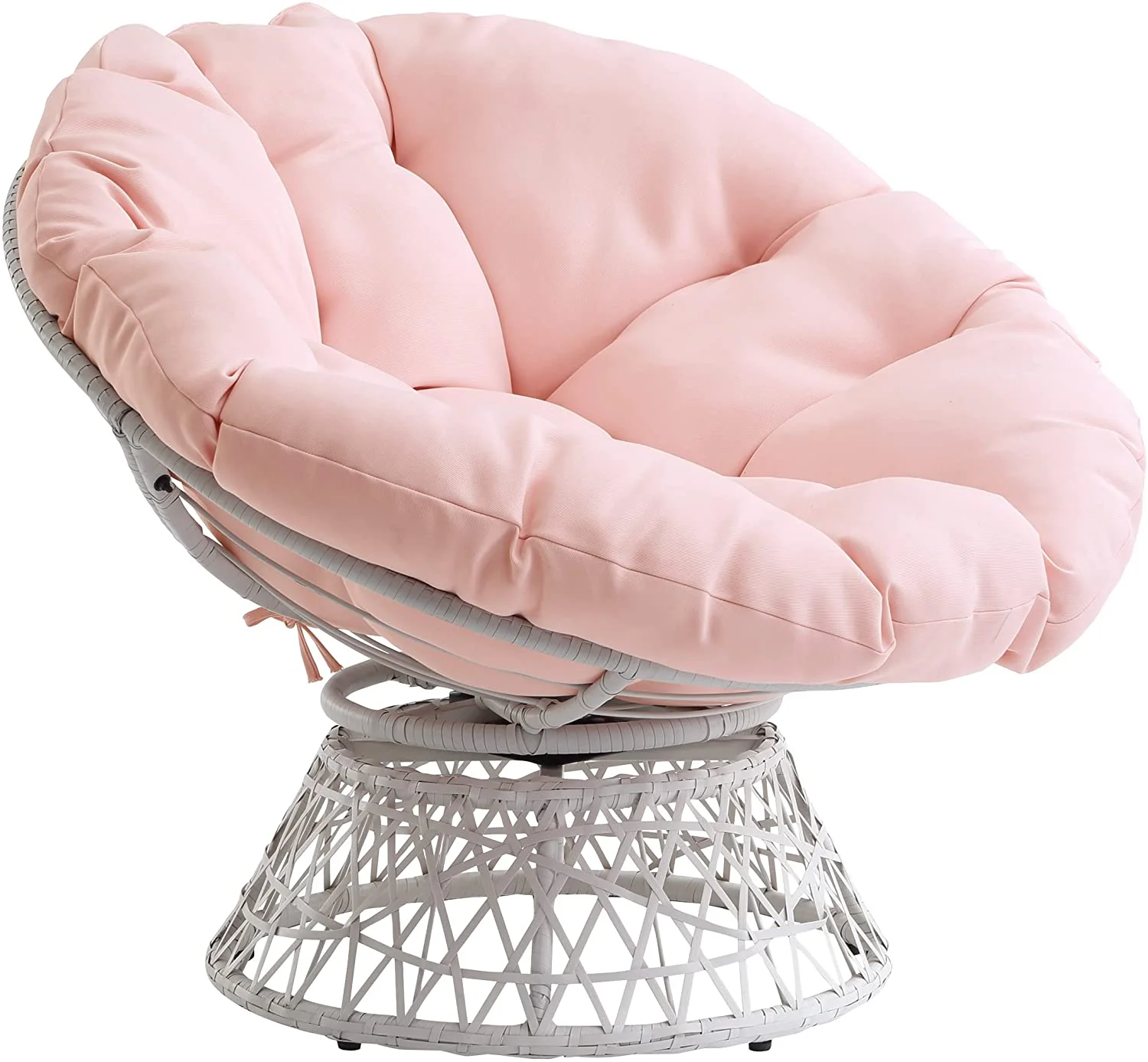 HYUN Wicker Papasan Chair with 360-Degree Swivel, Cream Frame with Pink Cushion