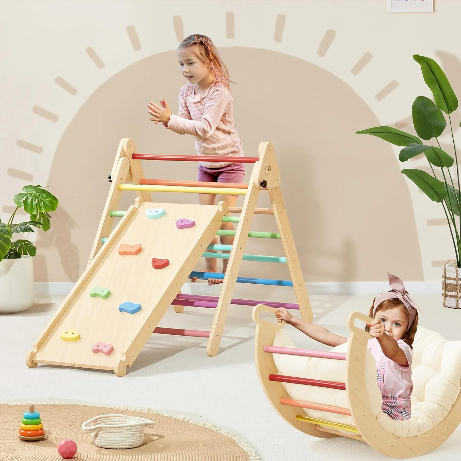 YUMIAO 5-in-1 Rainbow Pikler Triangle Set, Baby Climbing Toys Indoor Playground, Foldable Toddler Climbing Toys, Wooden Montessori Climbing Set for 2+ Years Old, Jungle Gym for Kids