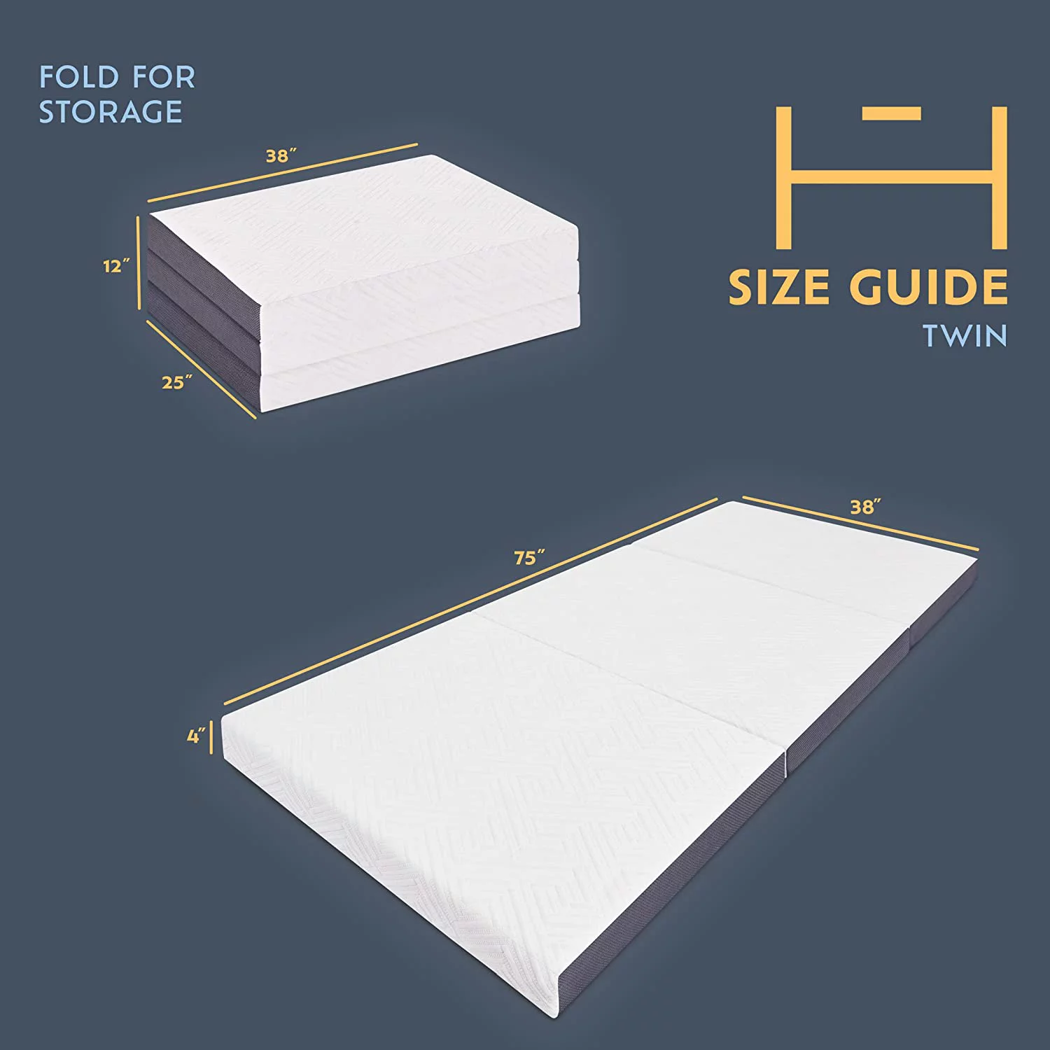 Premium 4” Memory Foam Trifold Mattress | , Portable Space Saver, Medium-Firm, Certified | Washable Jacquard Ventilated Material W/Non-Slip Base | 75”L X 38”W X 4”H