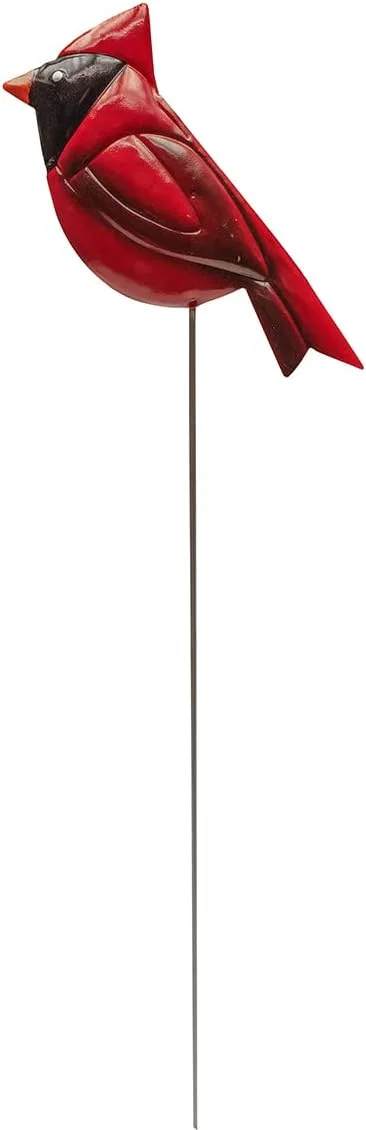 Cardinal Pot Plant Stake Painted Red Yard Art Garden Outdoor Decor Metal Patio Planter