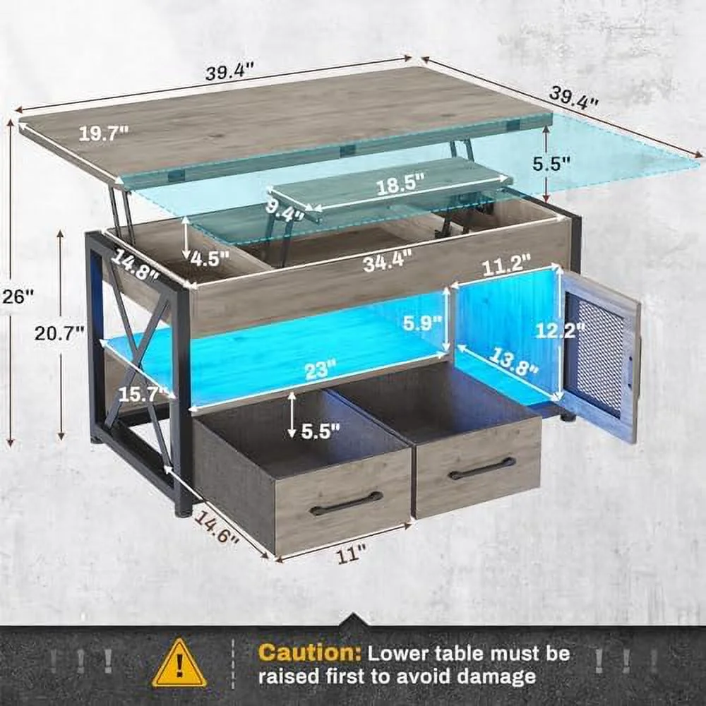 HYHBIBOOM 40" Lift Top Coffee Table  4 in 1  with  Cabinet for Living Room  Small Farmhouse Coffee Table with 2 Fabric Drawers & LED Light for Dining Room  Grey