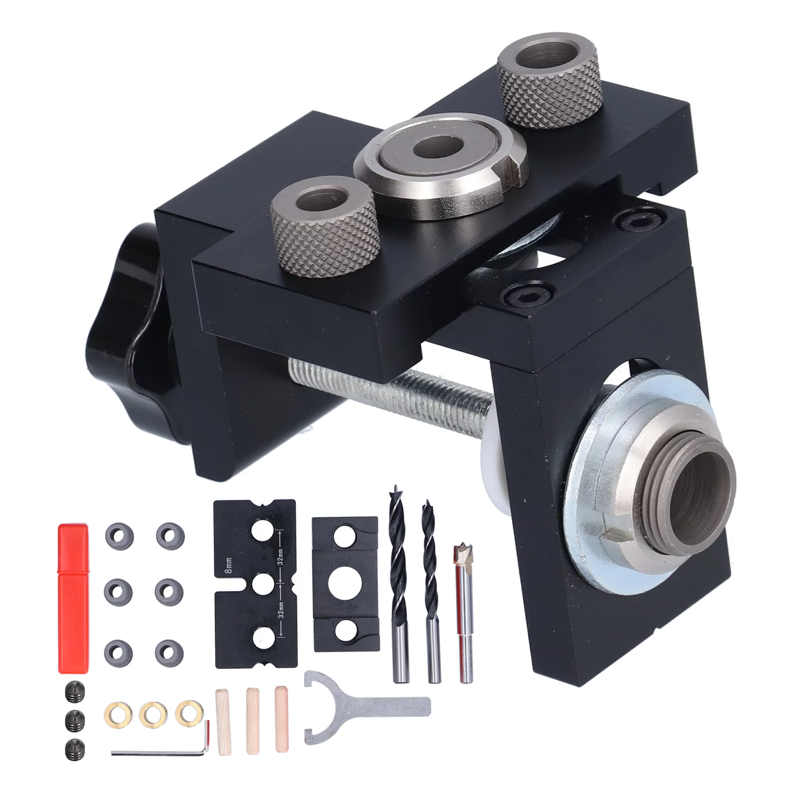 Hole Drill Guide Jig, 3 in 1 Adjustable Woodworking Dowelling Drilling Locator Set Kit for DIY, Maximum Clamping Thickness 52mm