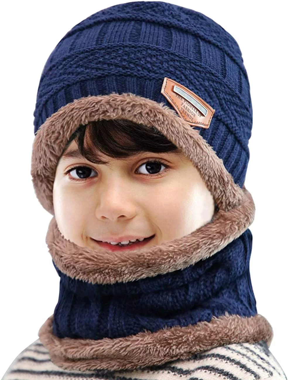 GRNSHTS Kids Winter Knitted Hat and Fleece Neck Warmer Scarf Set for Boys Girls Age 5-10 (Blue)