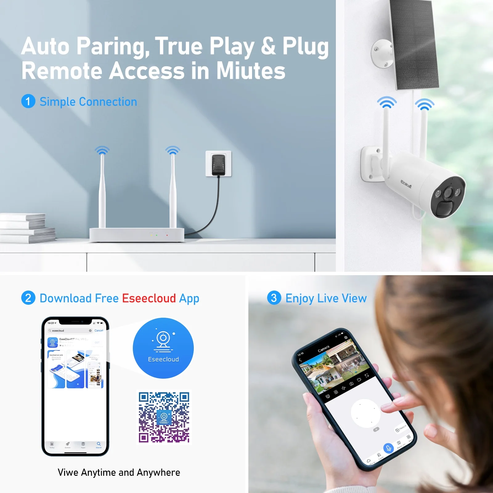 Jidetech Wireless Security Camera System, Solar Powered WiFi Outdoor 8PCS Camera Support Two-Way Audio, 8CH NVR System with Full HD 4MP PTZ IP Camera Plug&Play for Outdoor Indoor Home