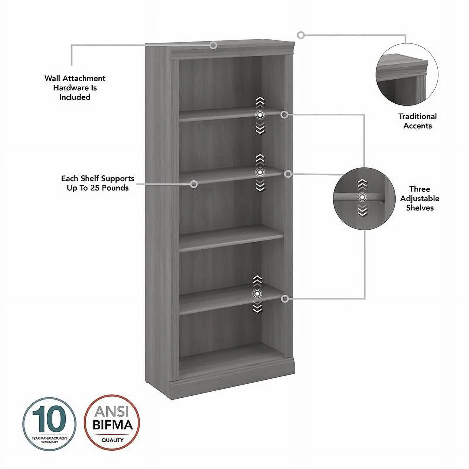 Pemberly Row Tall 5 Shelf Bookcase in Modern Gray - Engineered Wood