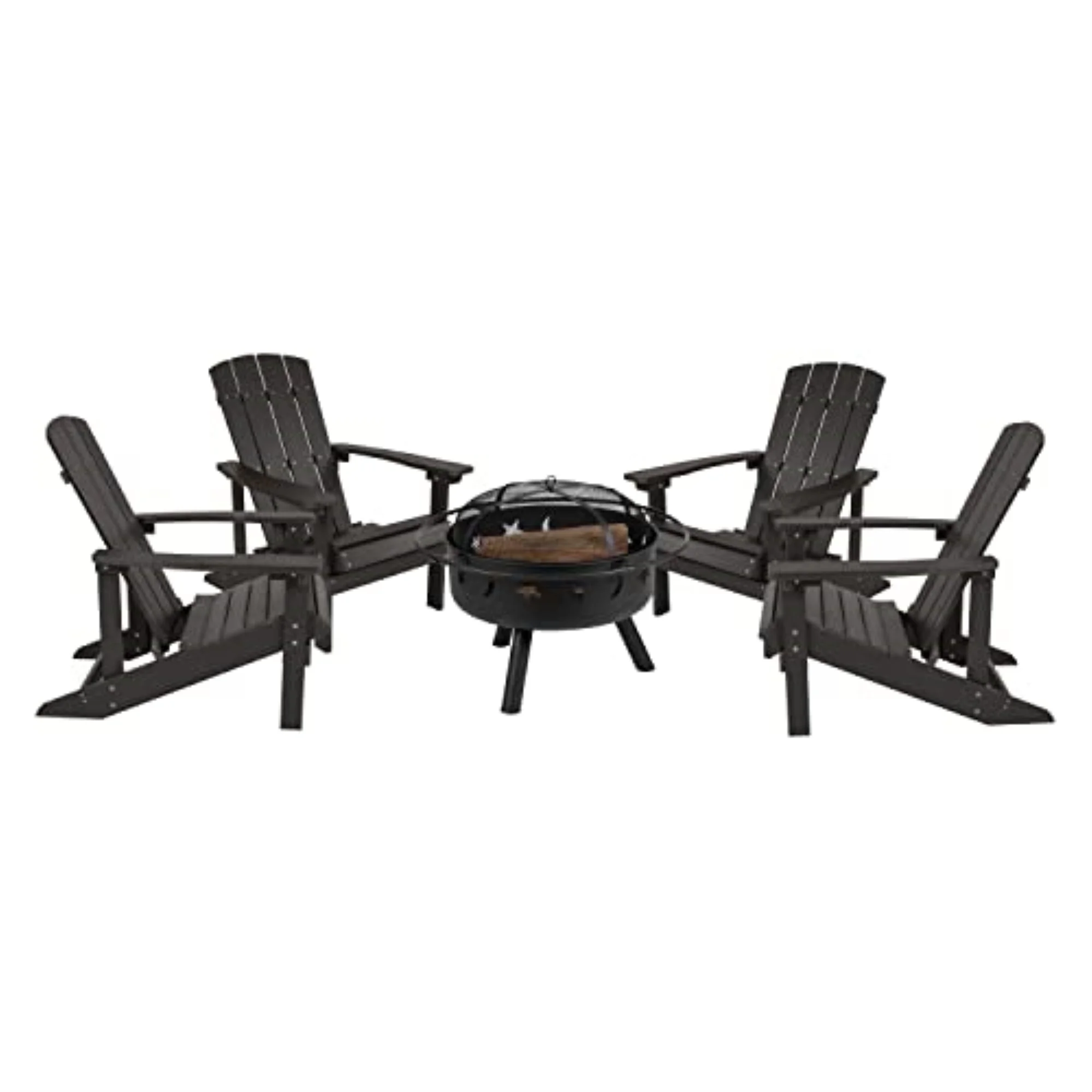 Flash Furniture Charlestown 5 Pcs Iron Wood Burning Fire Pit Set With Adirondack Chairs, Slate Gray