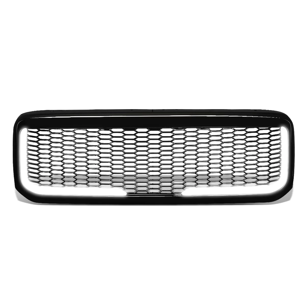 DNA Motoring GRF-LB-016-BK For 1999 to 2004 Ford F250 F350 F450 F550 Super Duty Badgeless Diamond Mesh Style Front Bumper Grille w/ LED Light Bar 00 01 02 03 Black