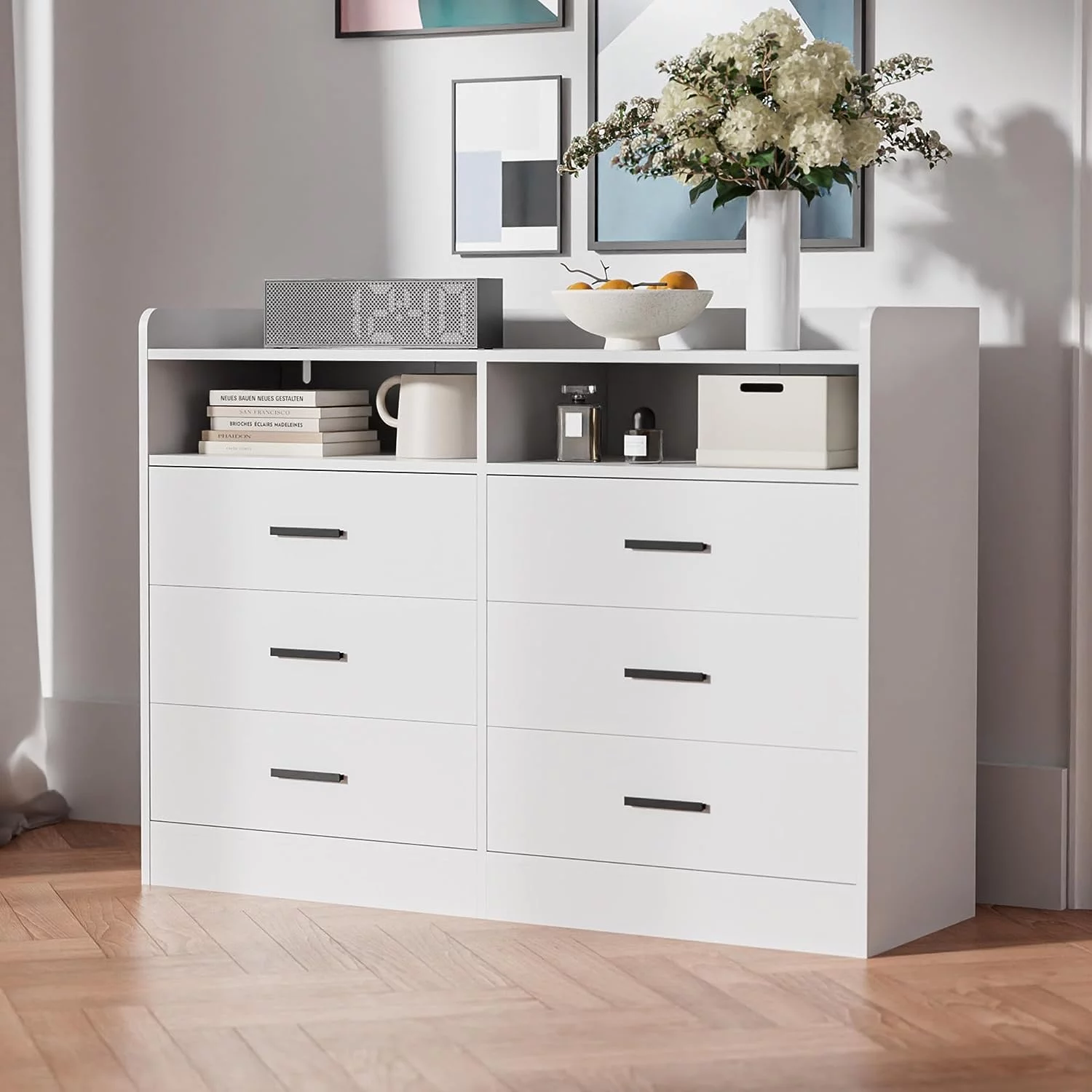 Cozy Castle White 6 Drawer Double Dresser with Open Shelves, Wooden Dressers & Chests of Drawers for Bedroom, Living Room, 46.1