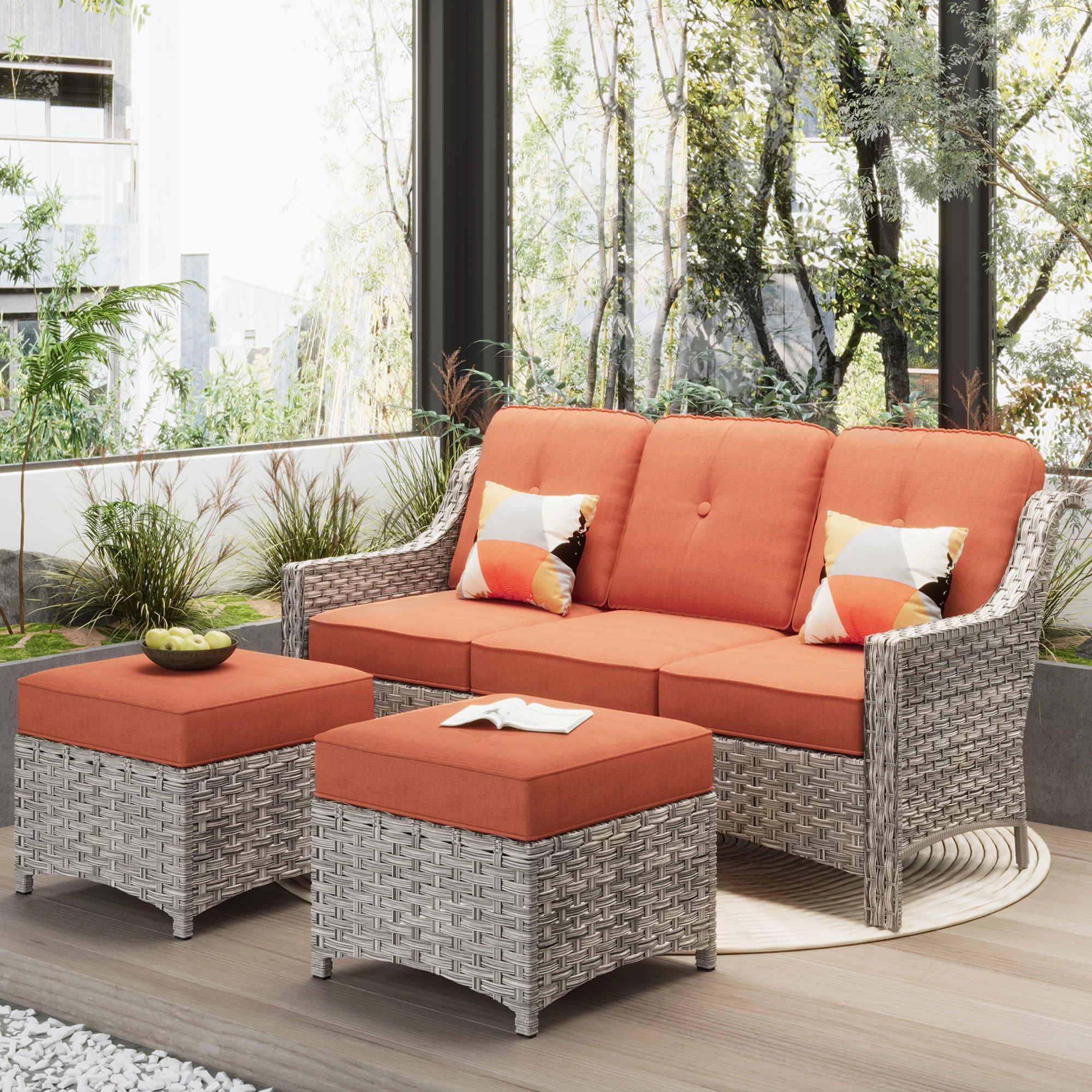 Ovios 3 Pieces Outdoor Furniture Rattan Patio Conversation Set with Ottoman for Backyard