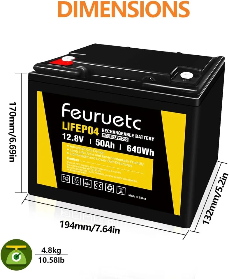 Feuruetc 12V 50Ah Deep Cycle LiFePO4 Battery, 4000+ Cycles, Maintenance-Free Battery， for Camping， Fish Finder, Scooter, Security System, Ride on Toys，UPS etc Rechargeable Lit (12V 50A - 4packs)