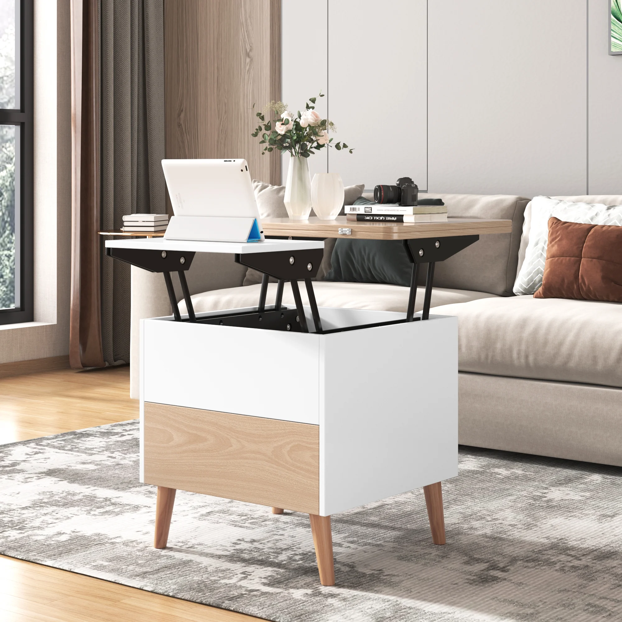Smilegend Modern Multi-functional Coffee Table Extendable with Storage & Lift Top in Oak - with Drawers,