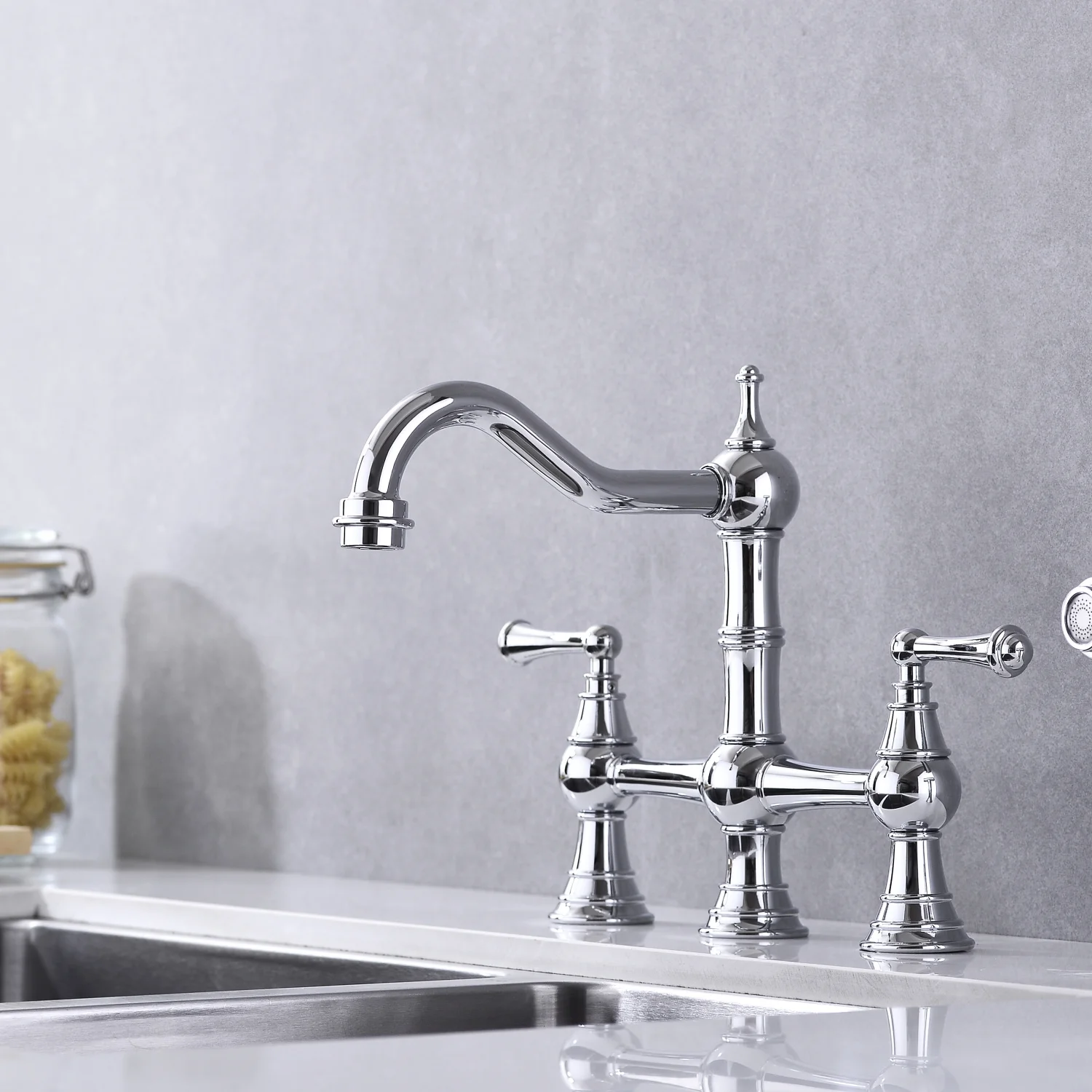 DremFaryoyo Bridge Dual Handles Kitchen Faucet With Pull-Out Side Spray in