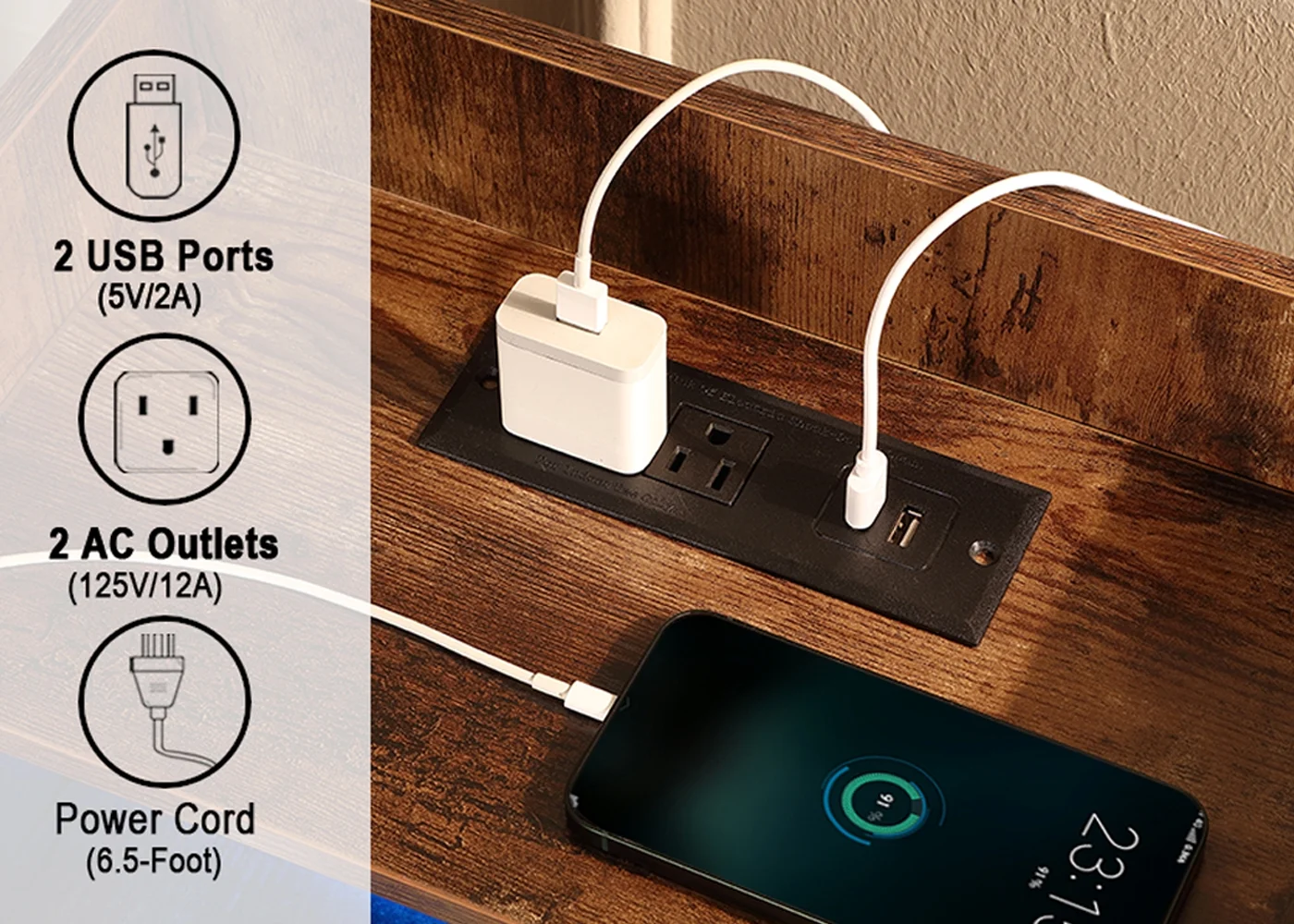 Kkonetoy Nightstand with Charging Station, Bedside Table with LED Lights, Night Stand with 2 Fabric Drawers, 3-Tier Storage End Table for Bedroom, Rustic Brown 2PCS