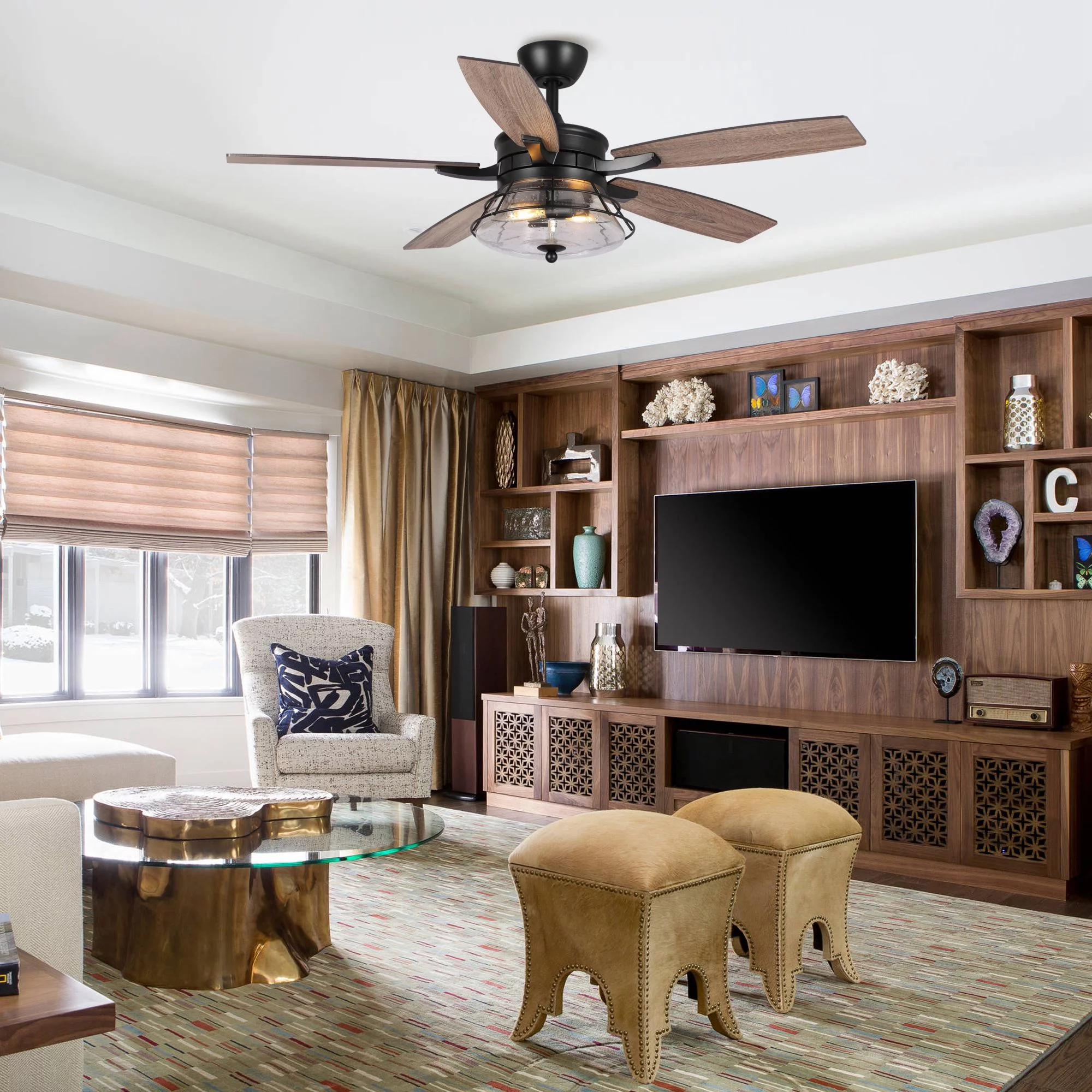 Ceiling Fan with Lights Rustic Ceiling Fan with Remote Control 5 Reversible Blades 52 inch, Black