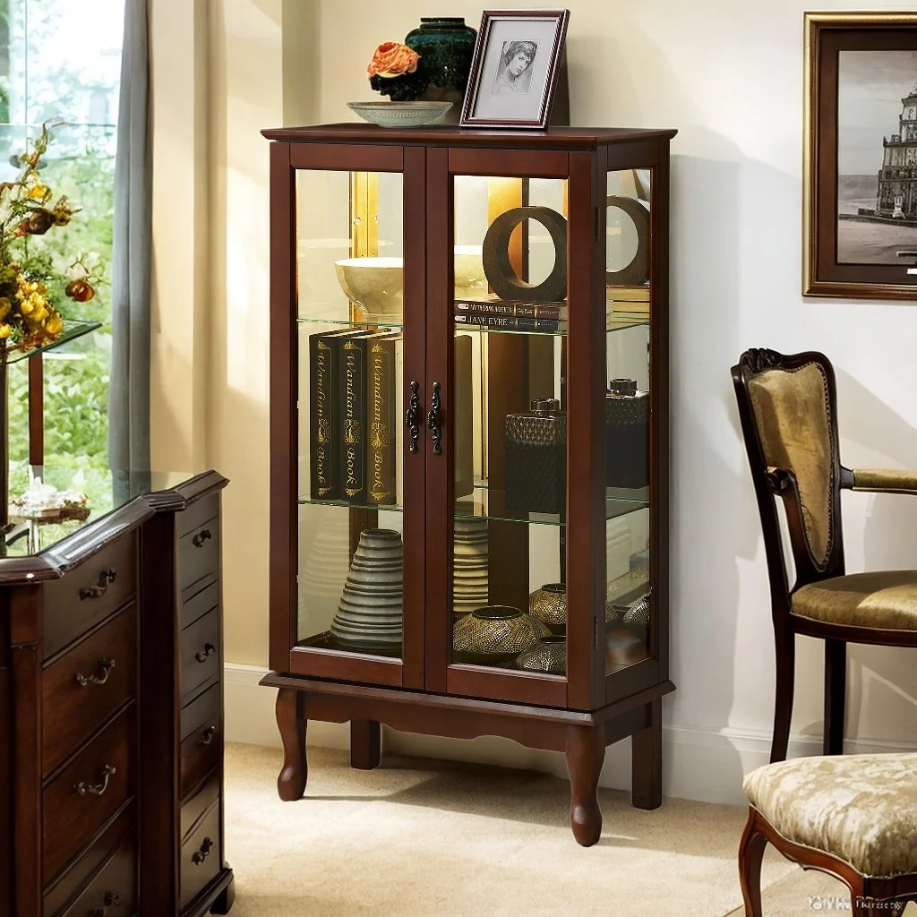 Elegant 360-Degree Display Cabinet with Lighted Acrylic Mirrored Back Perfect for Showcasing Your Collectibles and Enhancing Home Decor-walnut