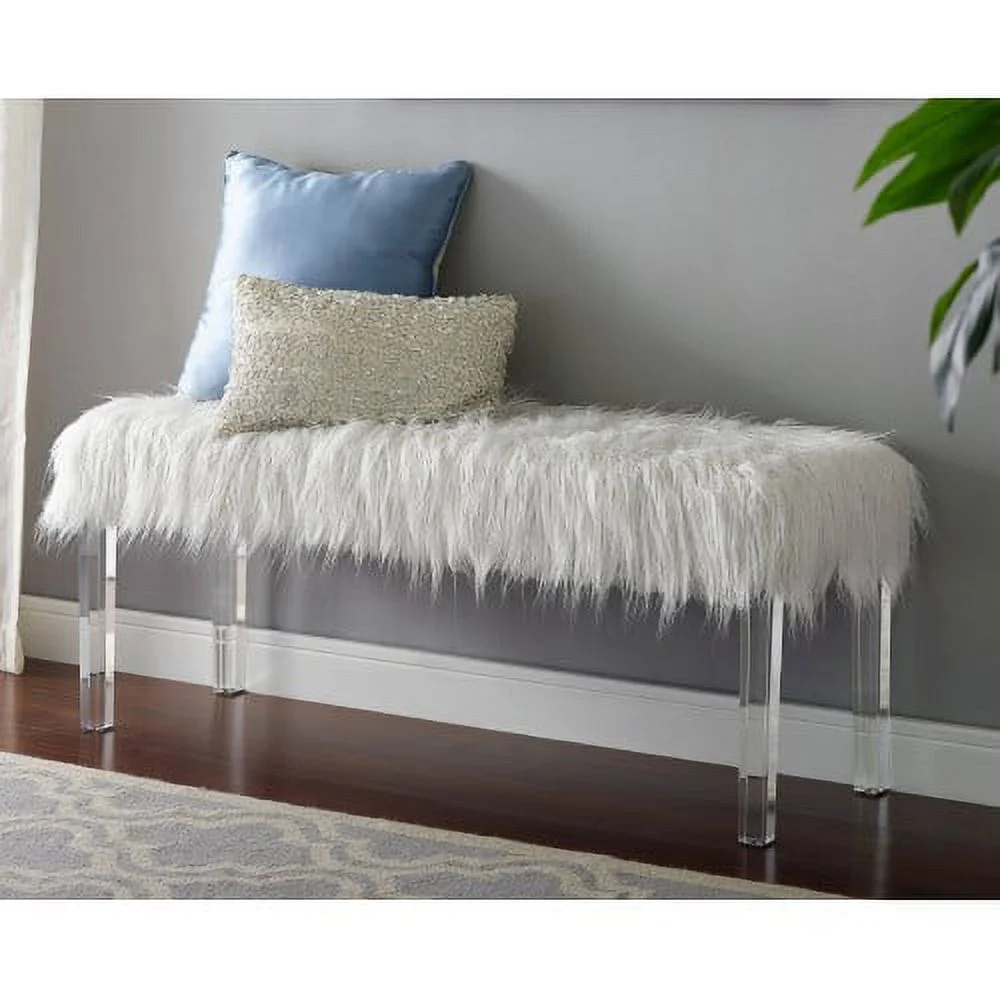 JHOOTUUO 1pc White Glam Accent Bench with Faux Fur Seat Transparent Legs
