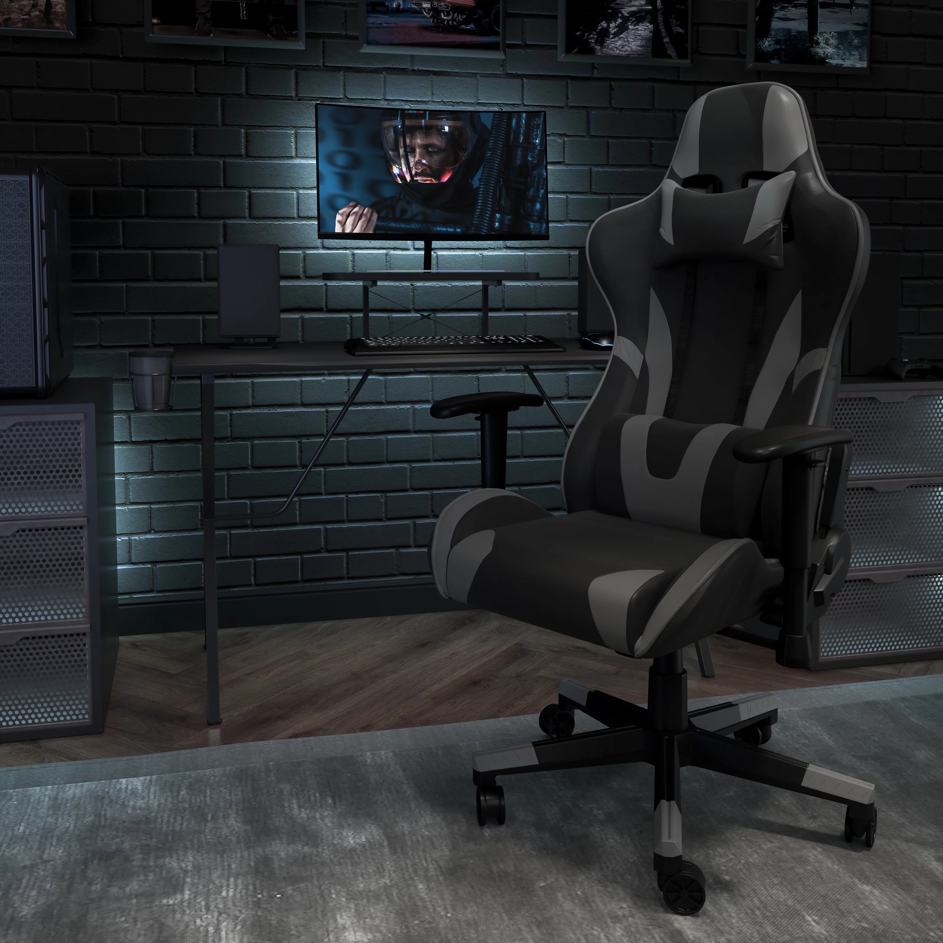 Emma + Oliver Z300 Gaming Chair Racing Office Ergonomic Computer Chair with Fully Reclining Back and Slide-Out Footrest in Gray LeatherSoft