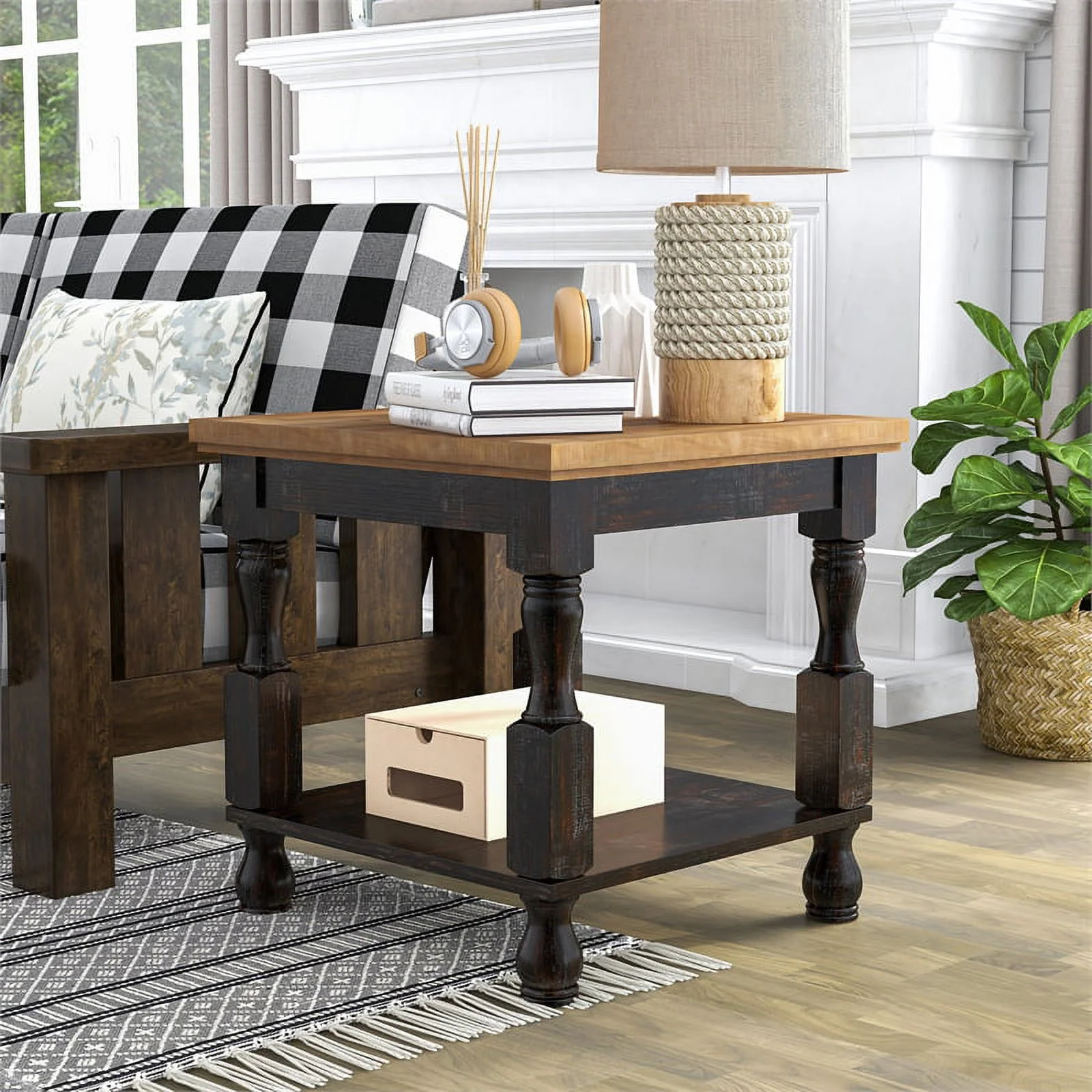 Bowery Hill Rustic Solid Wood 1-Shelf End Table in Black and Oak