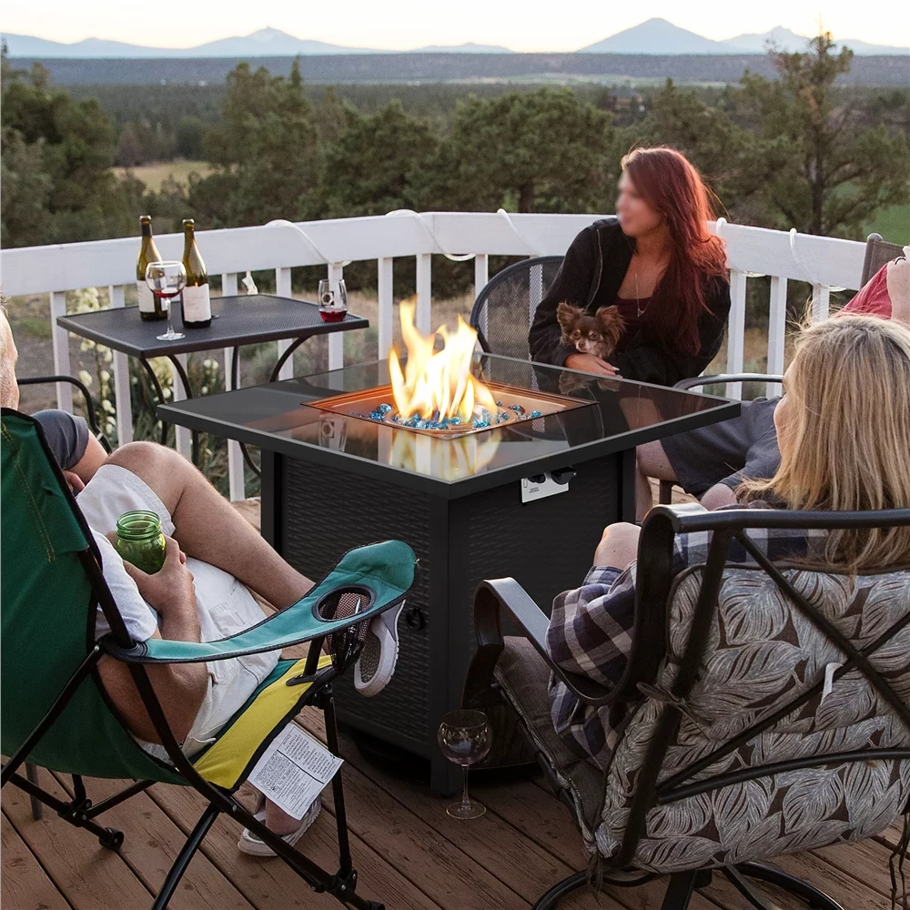 Topeakmart 30in Metal Fire Pit Table 50,000 BTU with Tempered Glass Tabletop, Glass Fire Stones & Water-resistant Cover, Propane