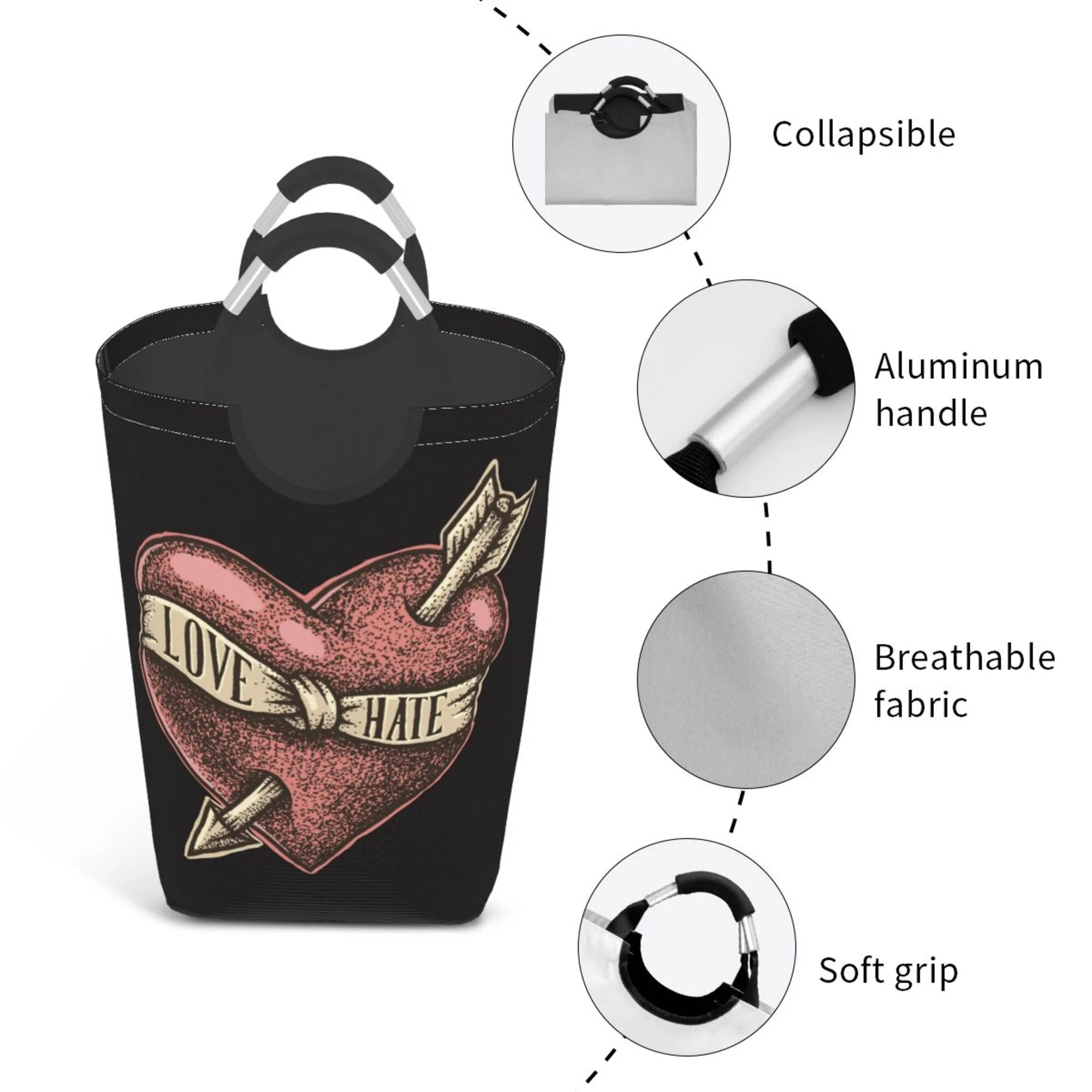 TEQUAN 50L Large Rectangular Laundry Hamper with Aluminum Handles, Love Heart with Arrow Prints Waterproof Foldable Dirty Clothes Basket