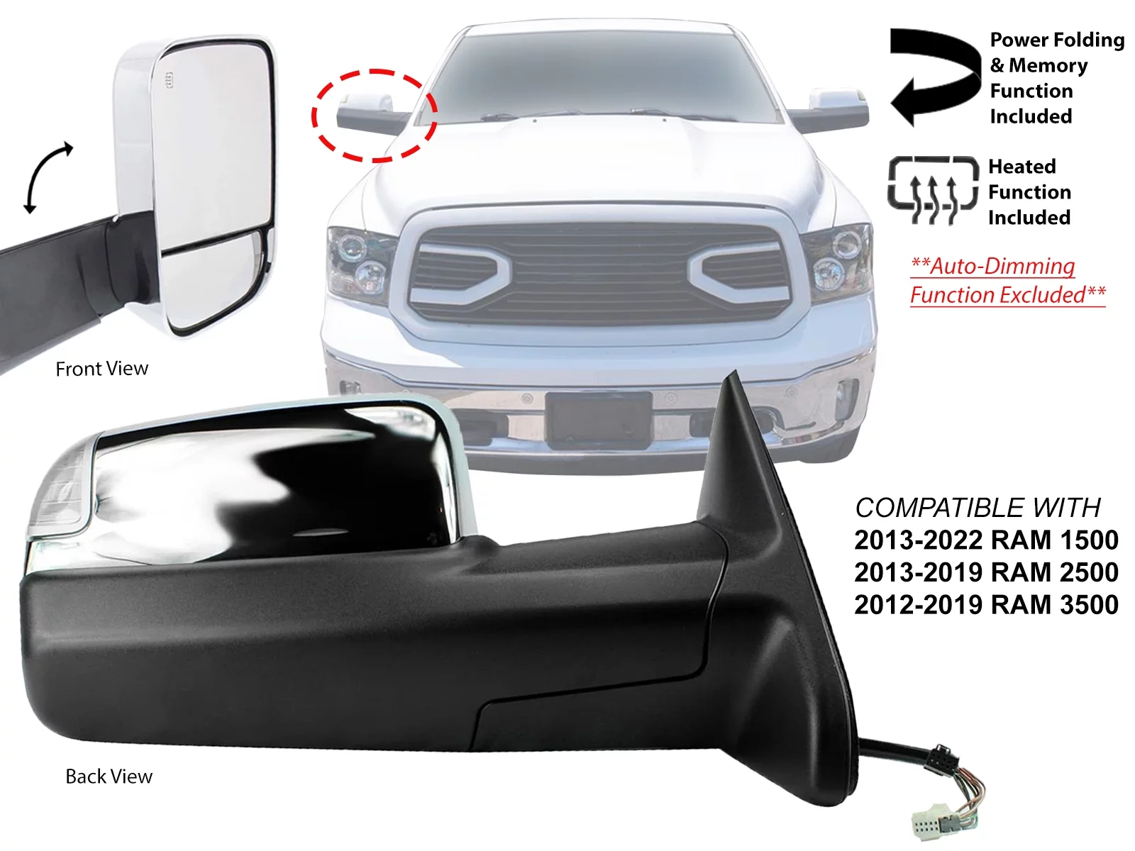 APA Replacement for Towing Mirror 2012 - 2022 RAM R1500 R2500 R3500 Pickup Power Folding with Memory Turn Signal Puddle Light Chrome Cover Passenger Right Side 68416902AC CH1321398