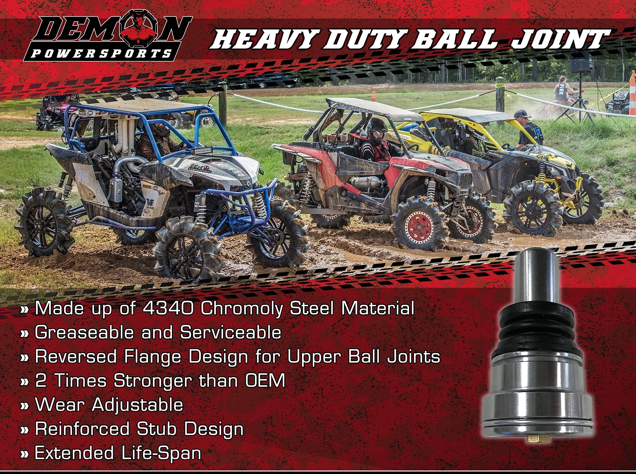 Demon Powersports Lower Heavy Duty Ball Joint for (2019-21) Honda Talon 1000R/1000X, Made of Chromoly Steel in Dual Heat Treated, Wear Adjustable & Stronger Reinforced Stub Design, Stronger Than OEM
