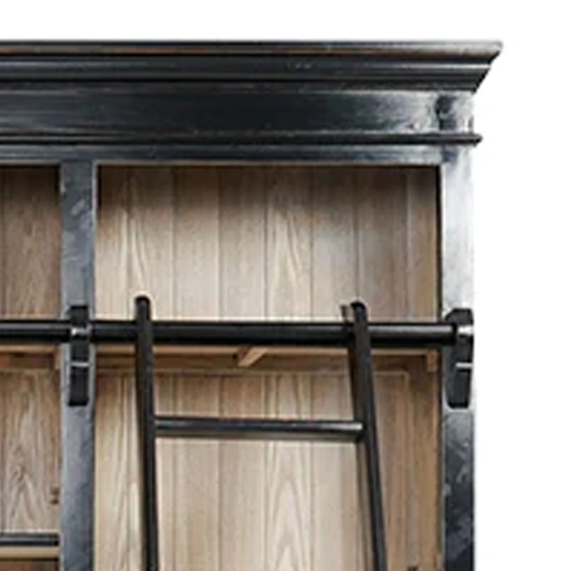 Benjara  89 in. 3 Doors & 4 Adjustable Shelves Bookcase with Sliding Ladder, Black