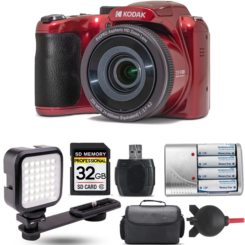 Kodak PIXPRO AZ255 Digital Camera (Red)+ Extra Battery + LED - 32GB Kit
